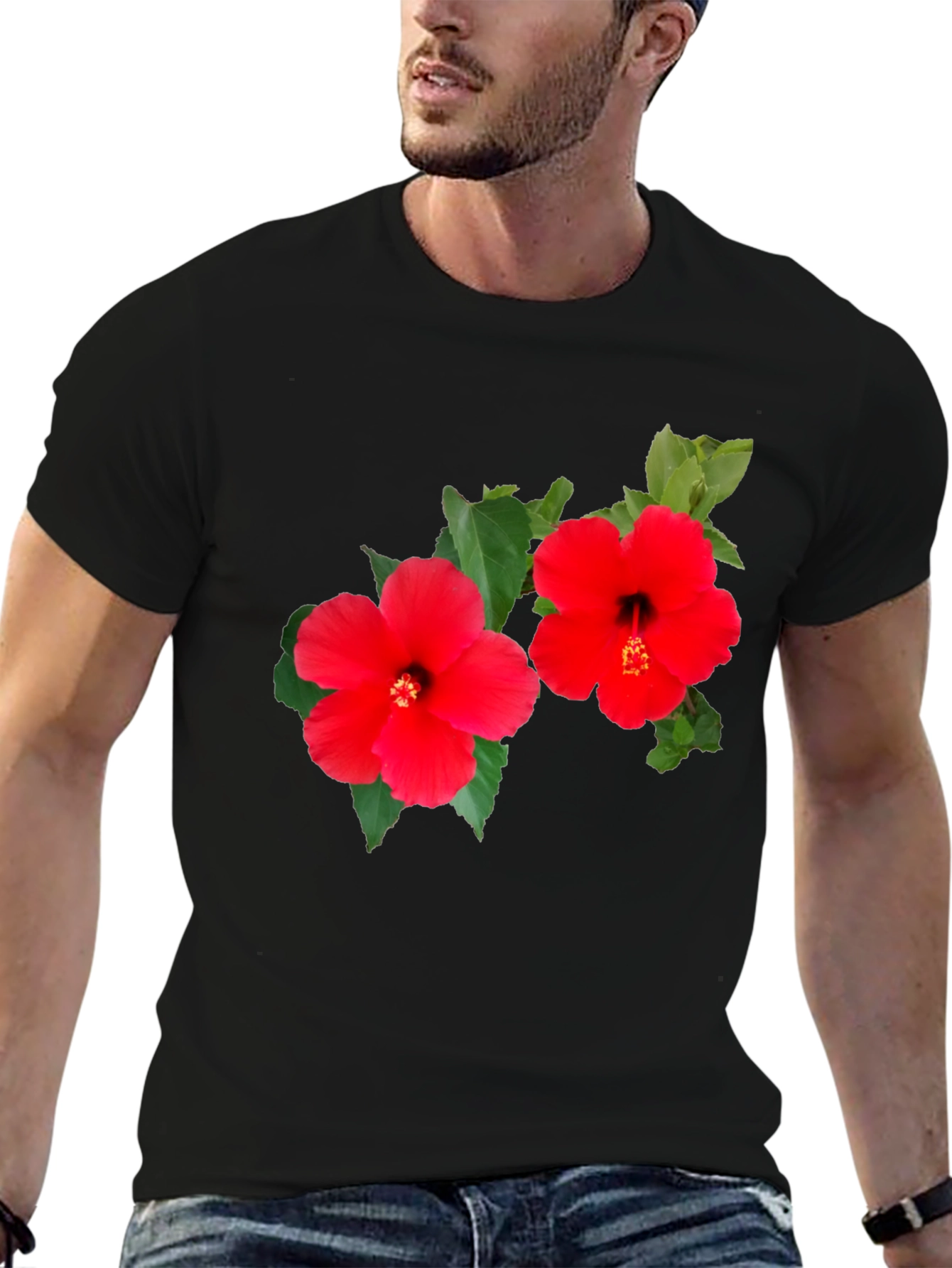 Black Hibiscus Flower Graphic T-Shirt