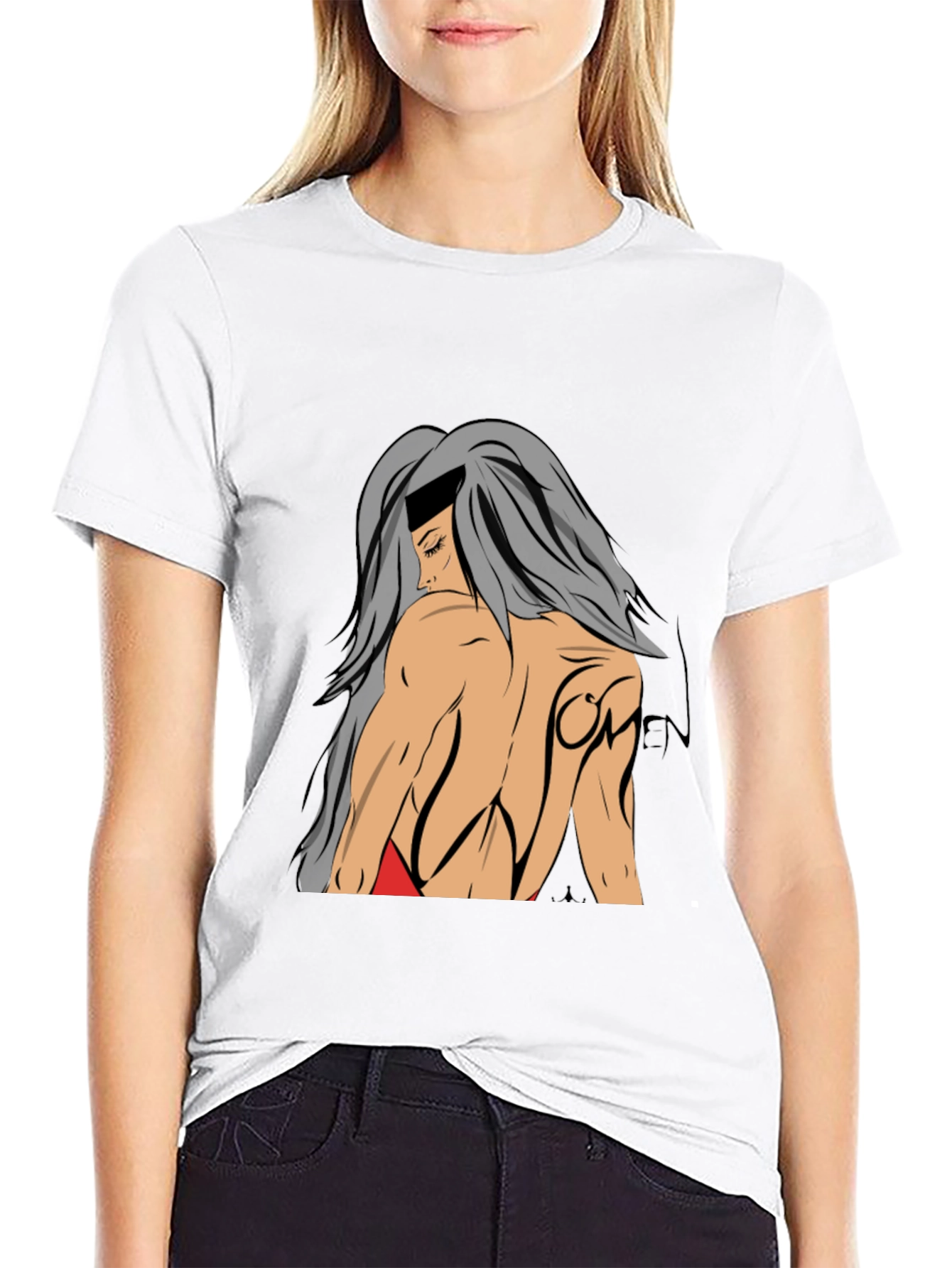 Graphic Print T-Shirt: Woman Back View