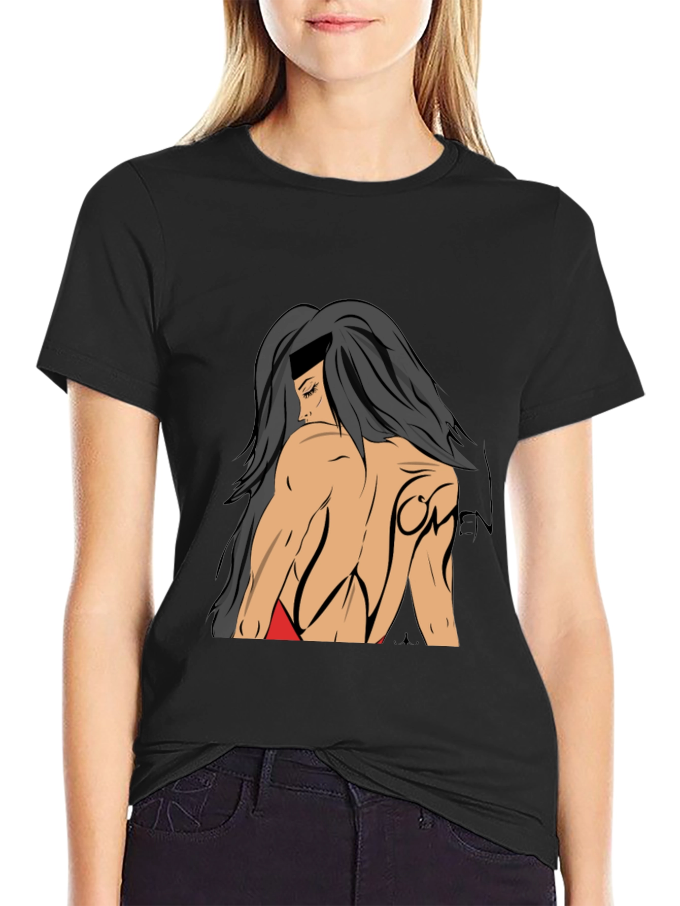 Graphic Print T-Shirt: Woman Back View