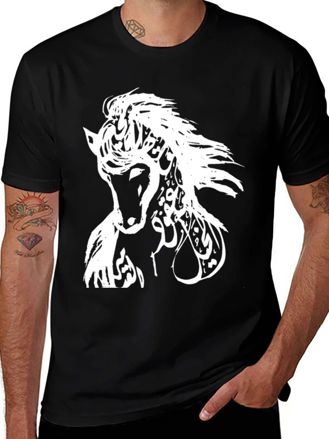 Horse Arabic Calligraphy Graphic Black T-Shirt