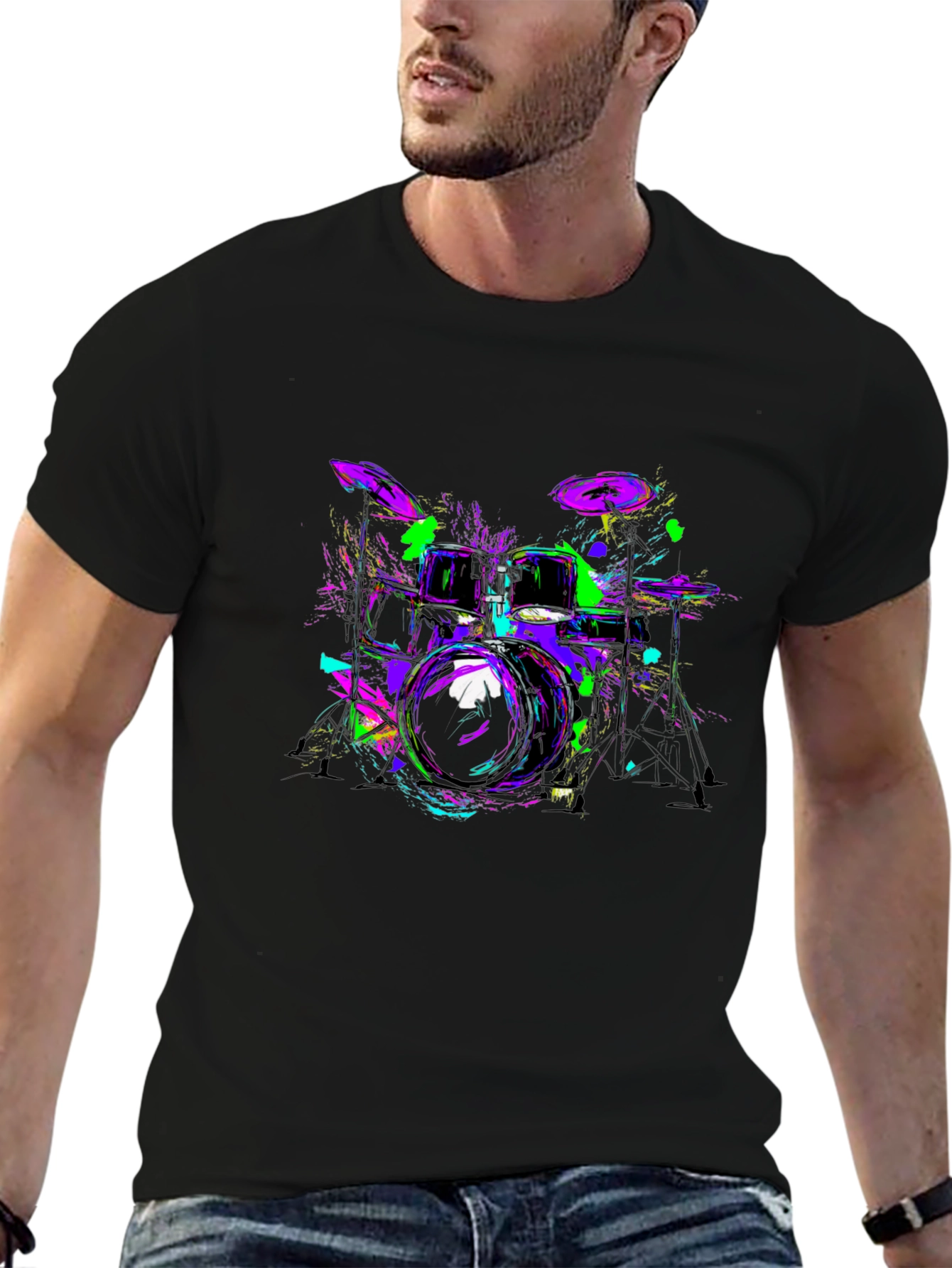 Neon Drum Kit Graphic Black T-Shirt