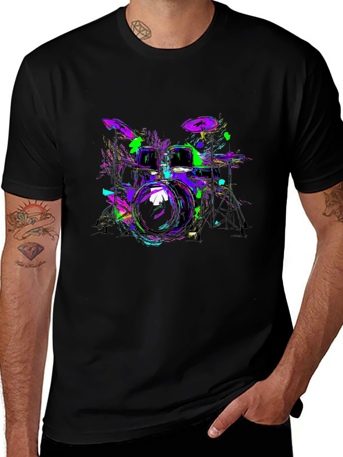 Neon Drum Kit Graphic Black T-Shirt
