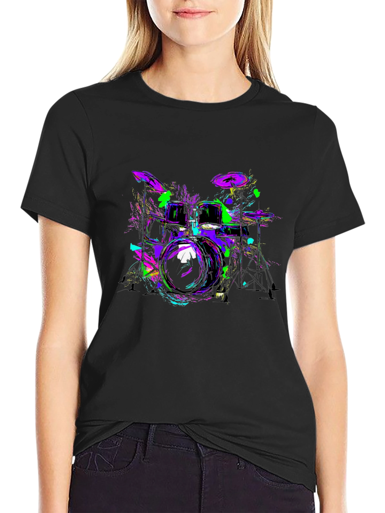 Neon Drum Kit Graphic Black T-Shirt