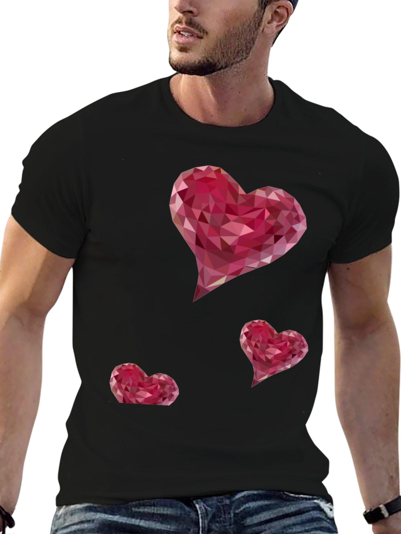 Geometric Heart Print Black T-Shirt