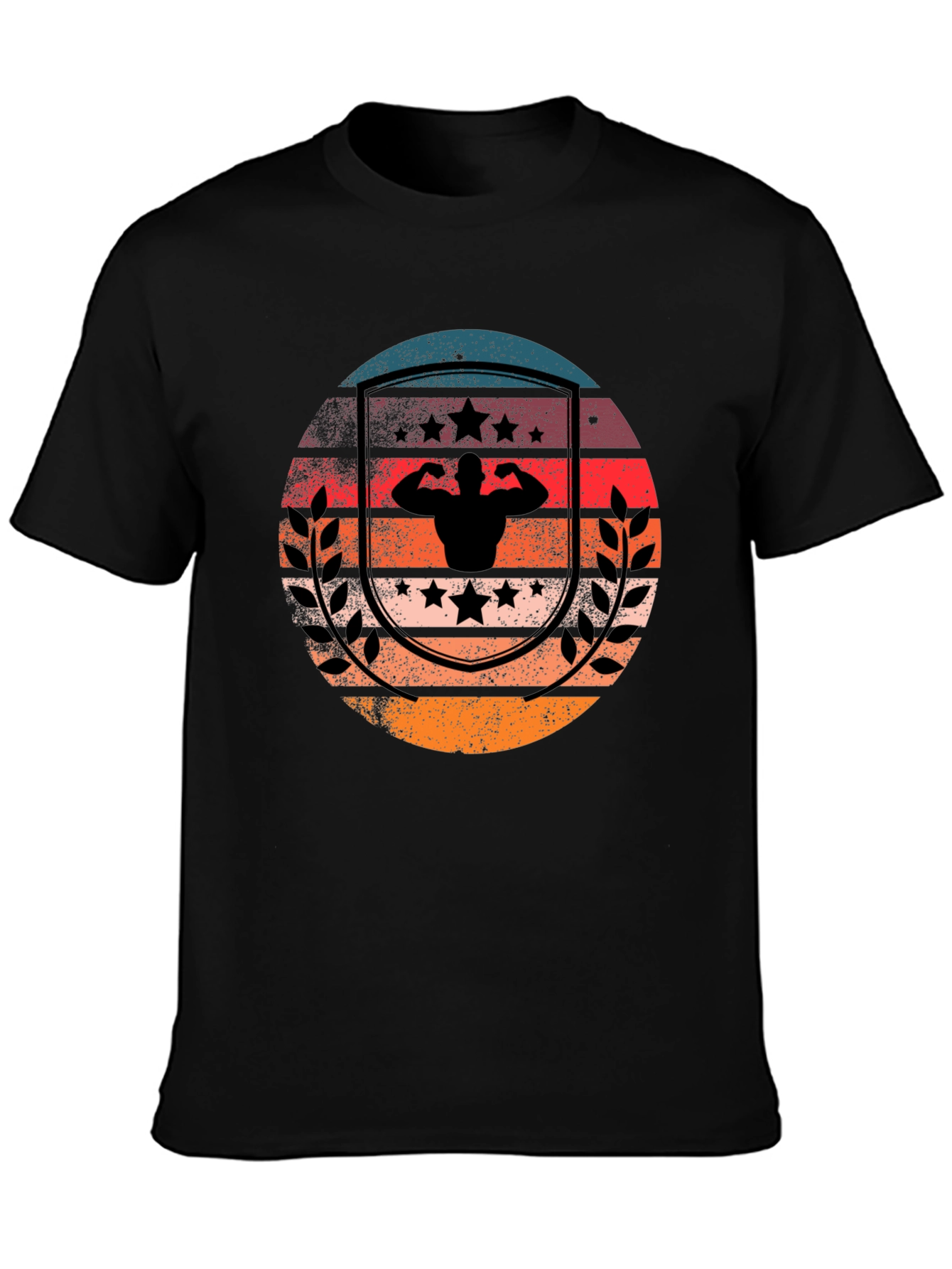 Retro Sunset Bodybuilder T-Shirt - Black Cotton Gym Tee