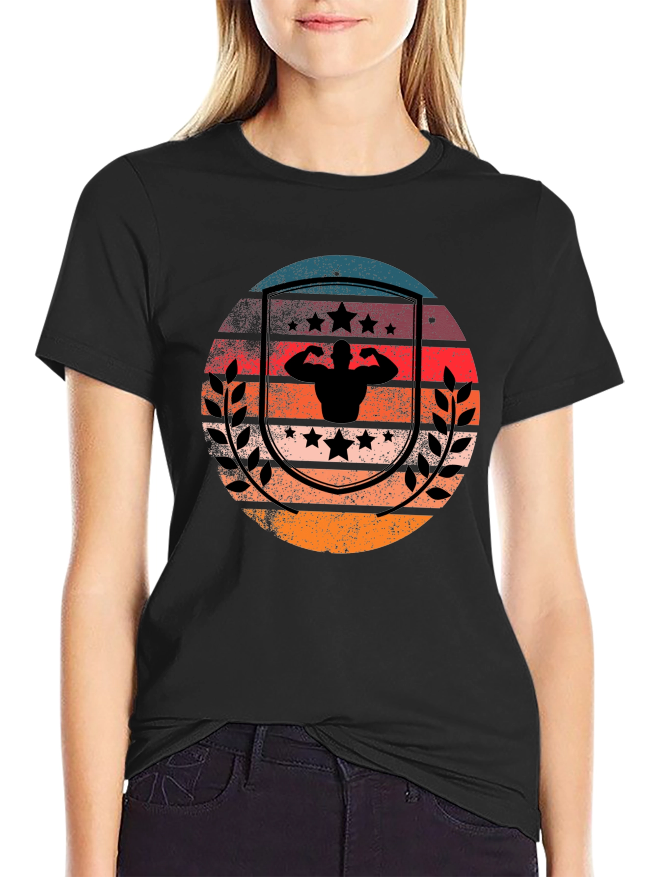 Retro Sunset Bodybuilder T-Shirt - Black Cotton Gym Tee