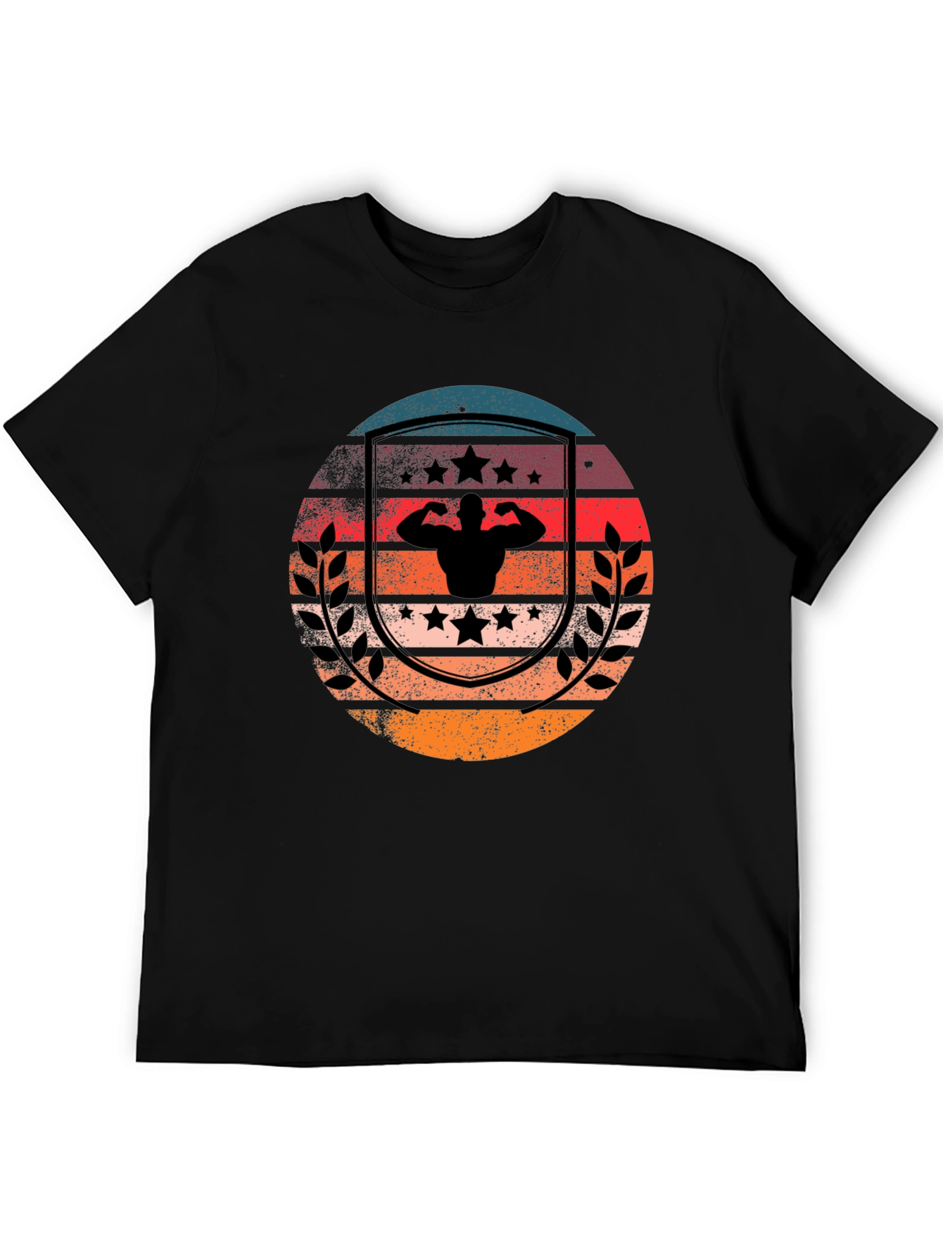 Retro Sunset Bodybuilder T-Shirt - Black Cotton Gym Tee