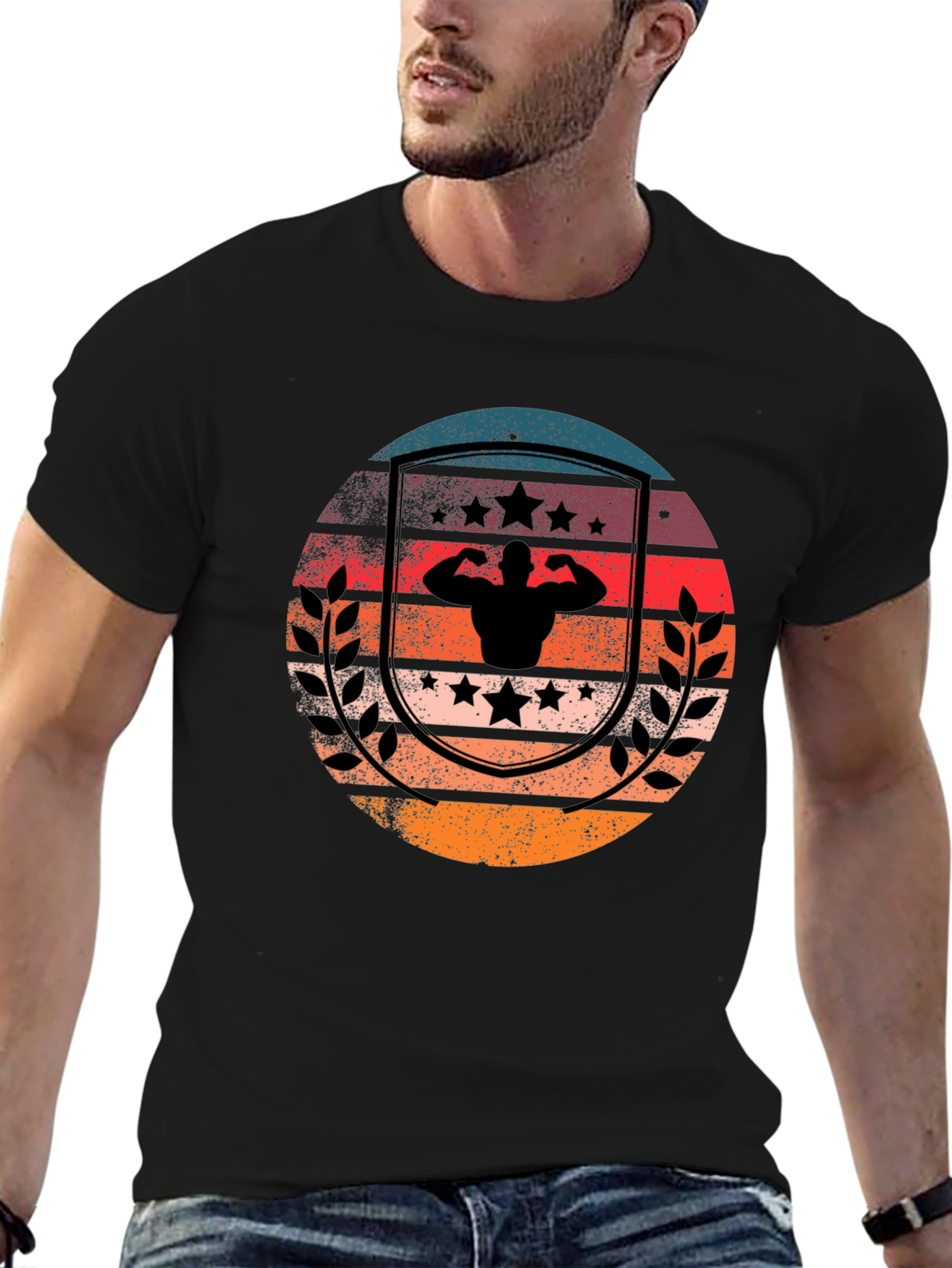 Retro Sunset Bodybuilder T-Shirt - Black Cotton Gym Tee