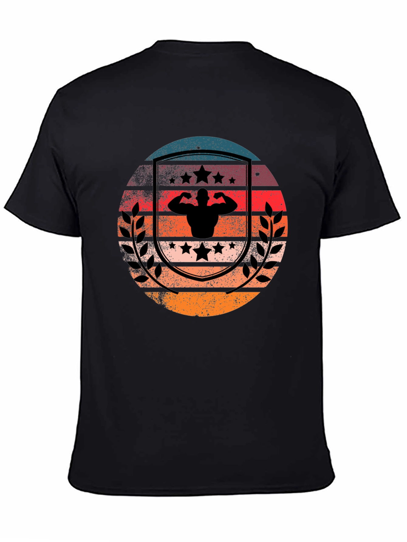 Retro Sunset Bodybuilder T-Shirt - Black Cotton Gym Tee