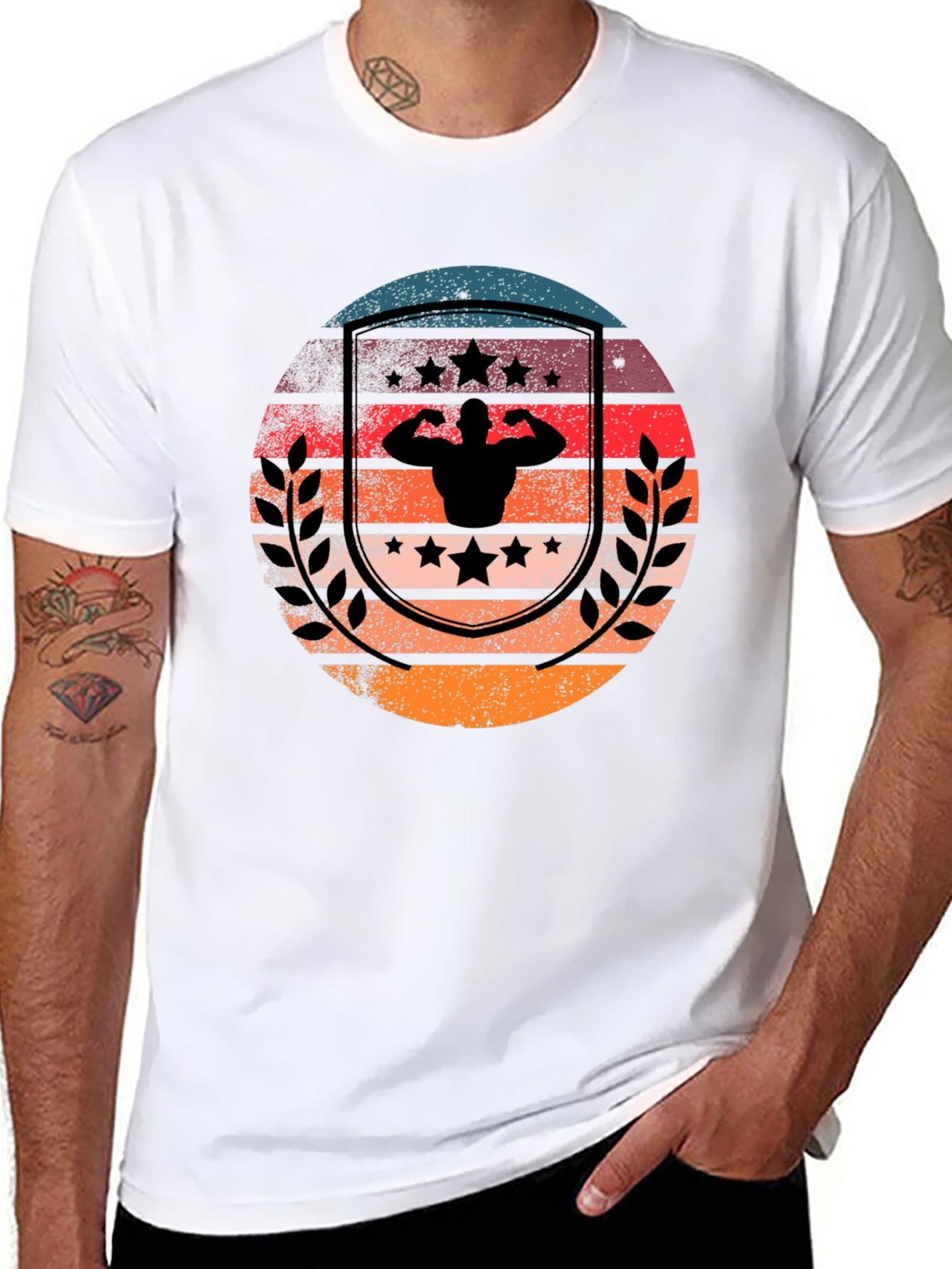 Retro Sunset Bodybuilder T-Shirt - Black Cotton Gym Tee