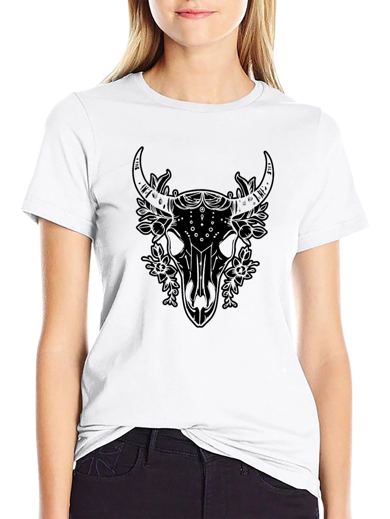 Black Floral Skull Graphic Tee - Edgy Streetwear