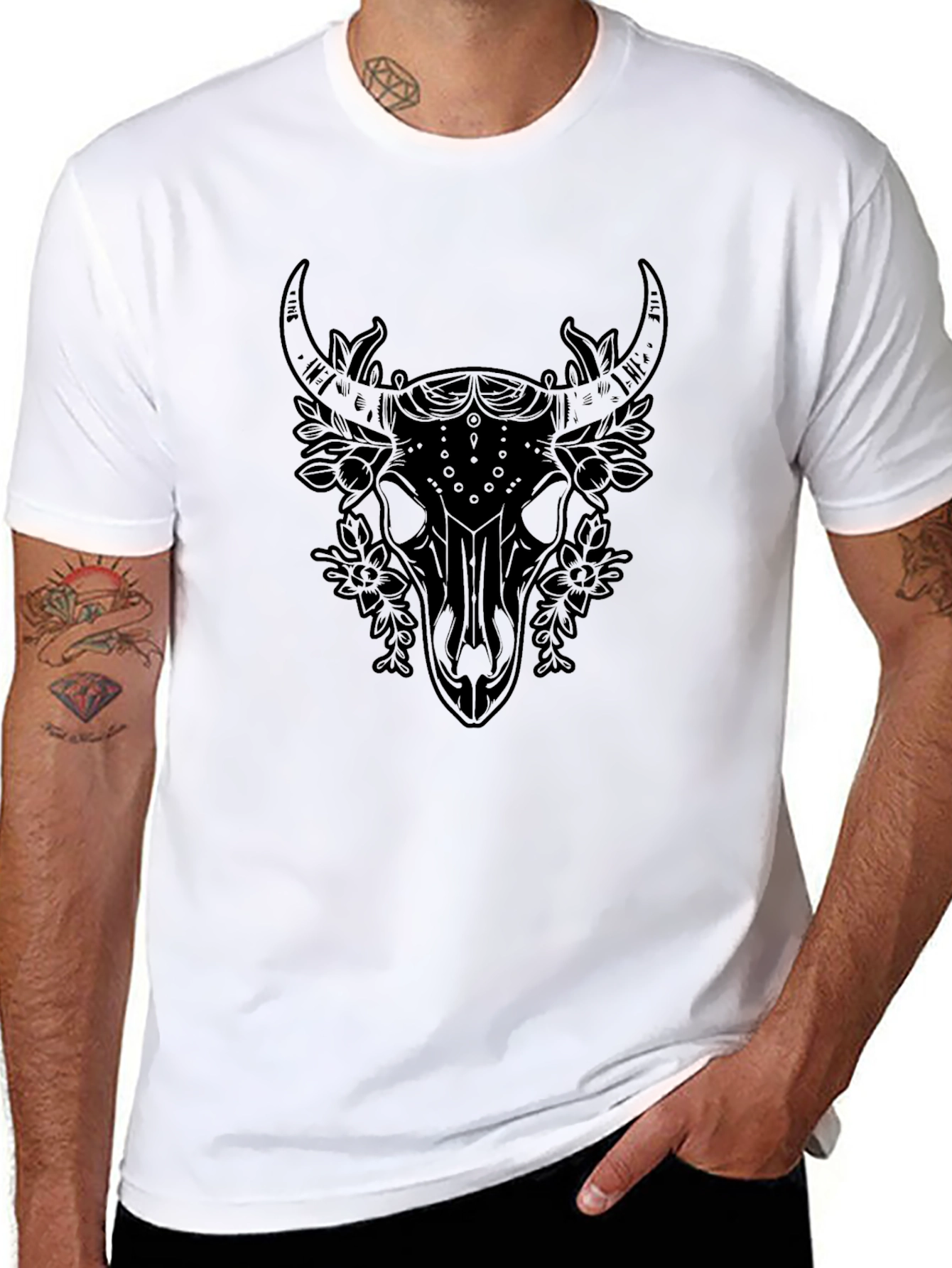 Black Floral Skull Graphic Tee - Edgy Streetwear