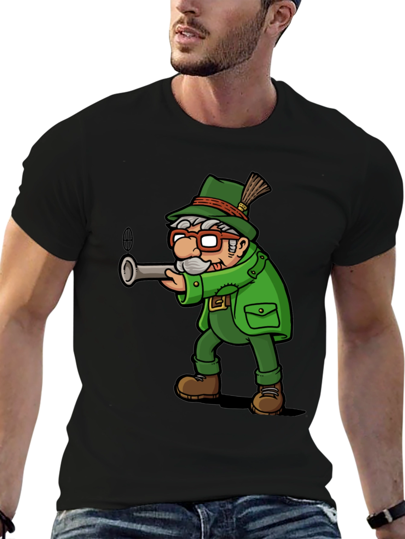 Cartoon Hunter Graphic Tee - Black Cotton Blend