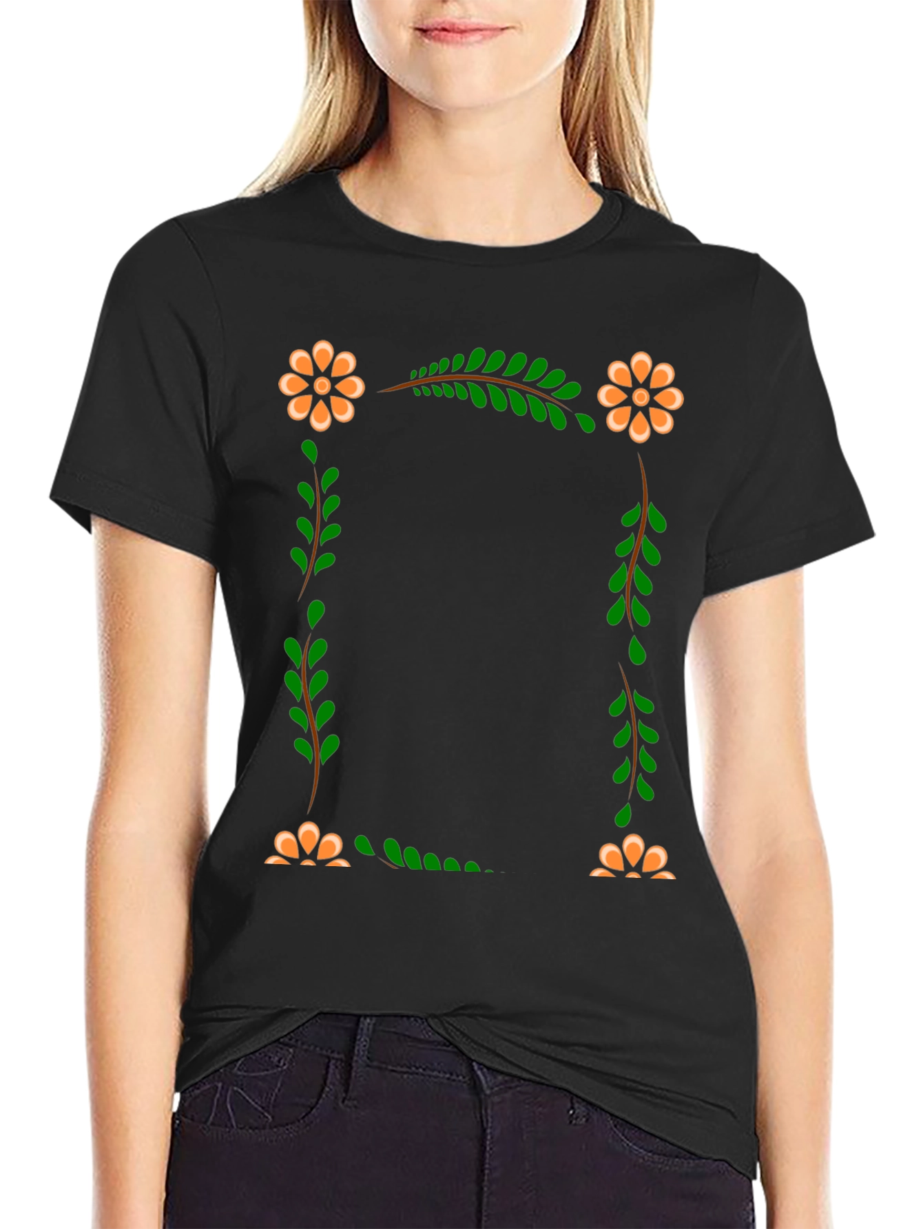 Floral Frame Black T-Shirt