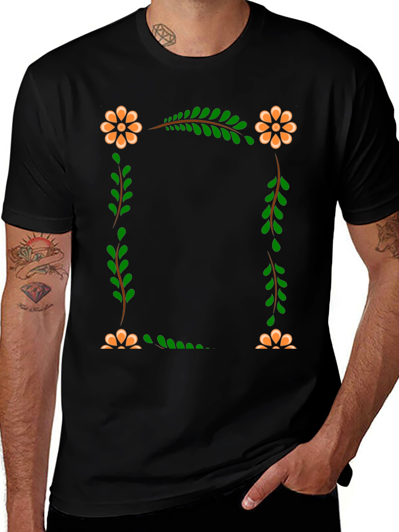 Floral Frame Black T-Shirt