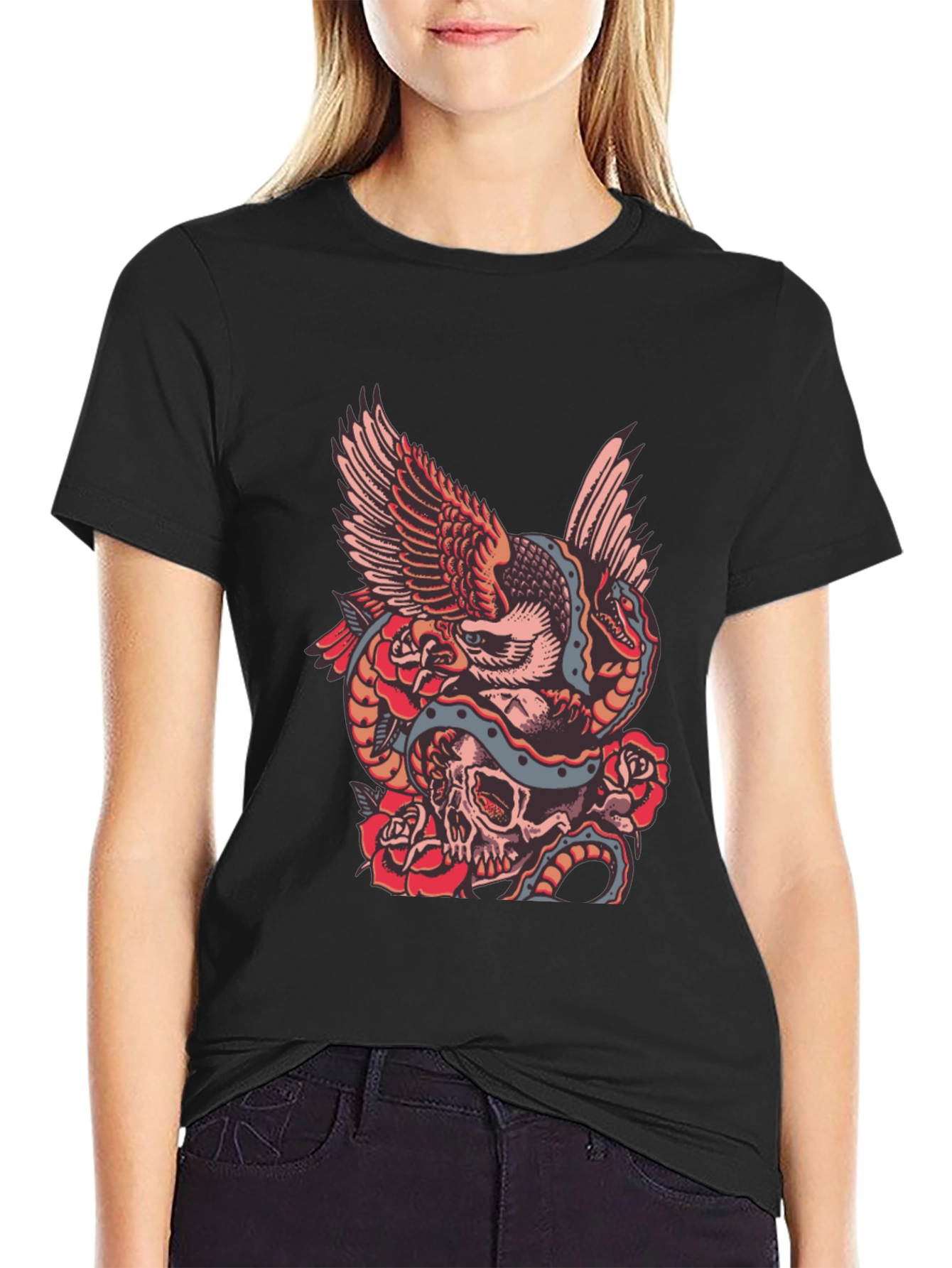 Eagle Snake Skull Graphic Print Black T-Shirt