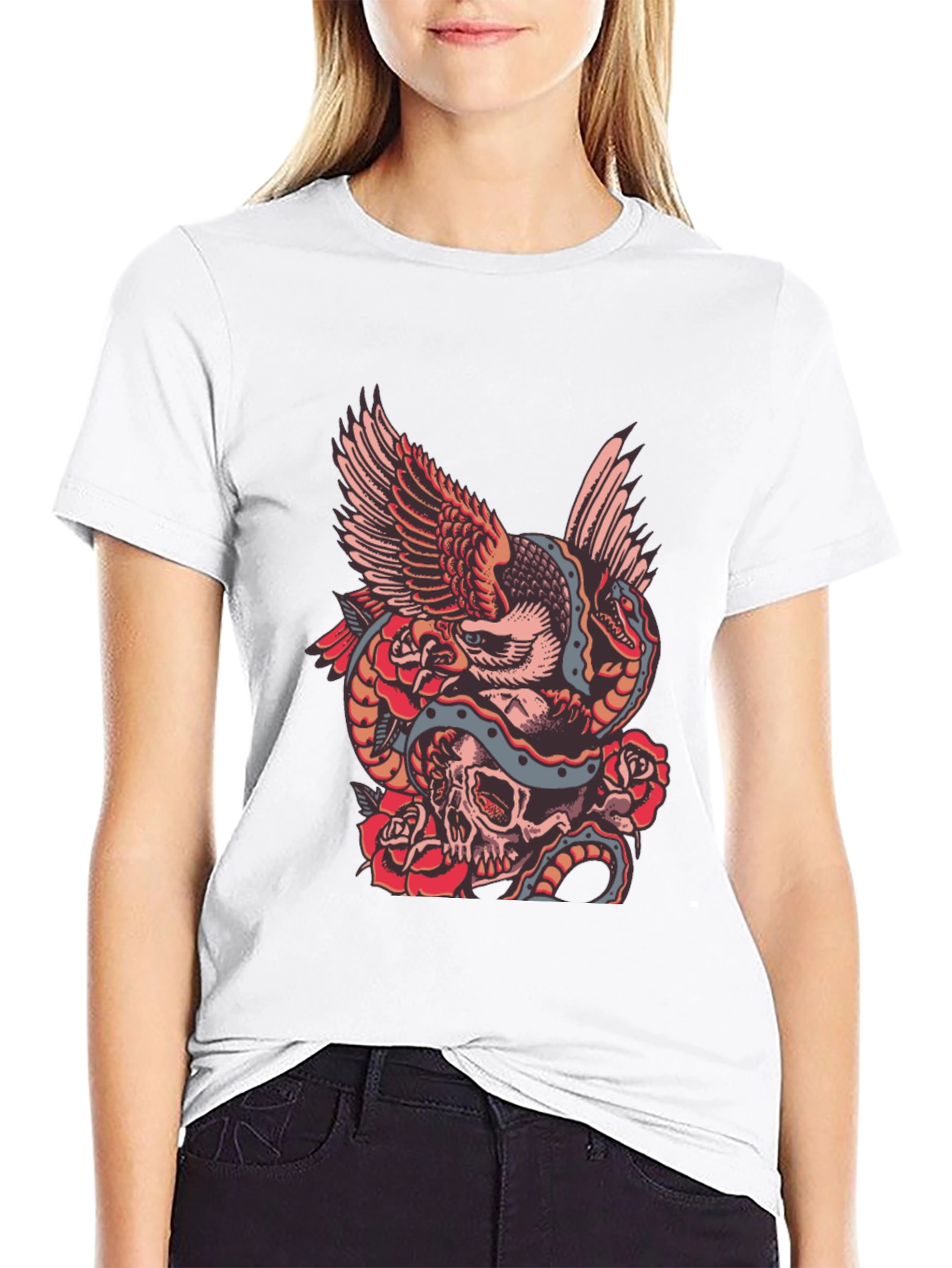 Eagle Snake Skull Graphic Print Black T-Shirt