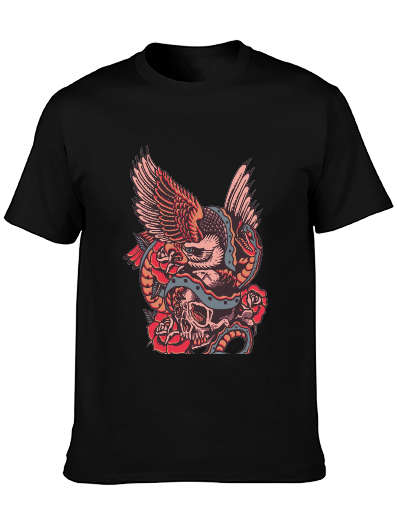 Eagle Snake Skull Graphic Print Black T-Shirt