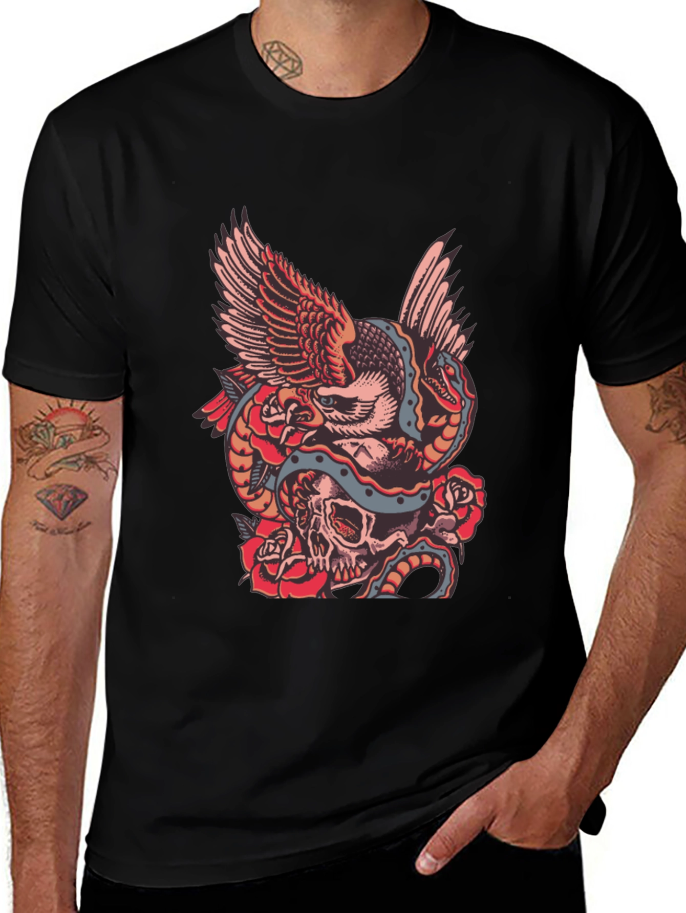 Eagle Snake Skull Graphic Print Black T-Shirt