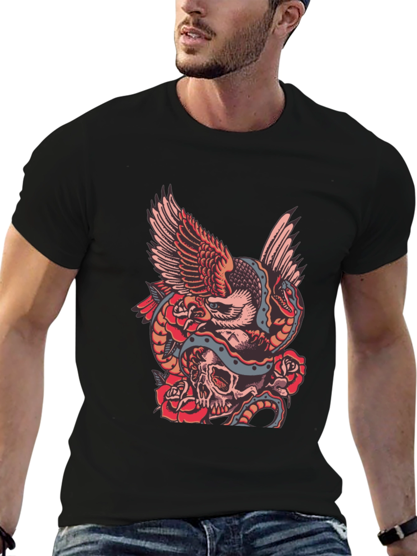 Eagle Snake Skull Graphic Print Black T-Shirt