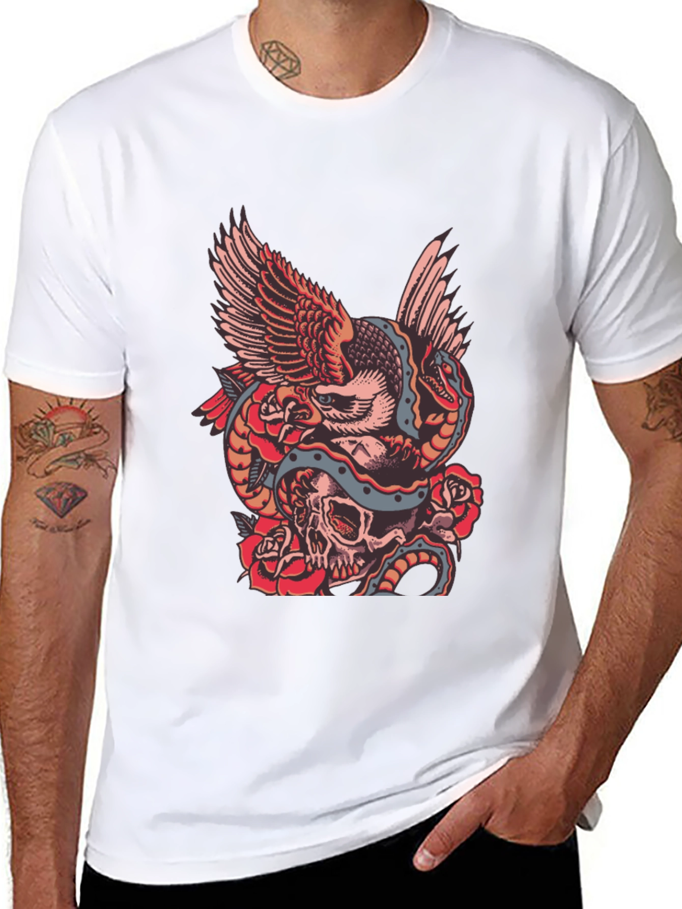 Eagle Snake Skull Graphic Print Black T-Shirt