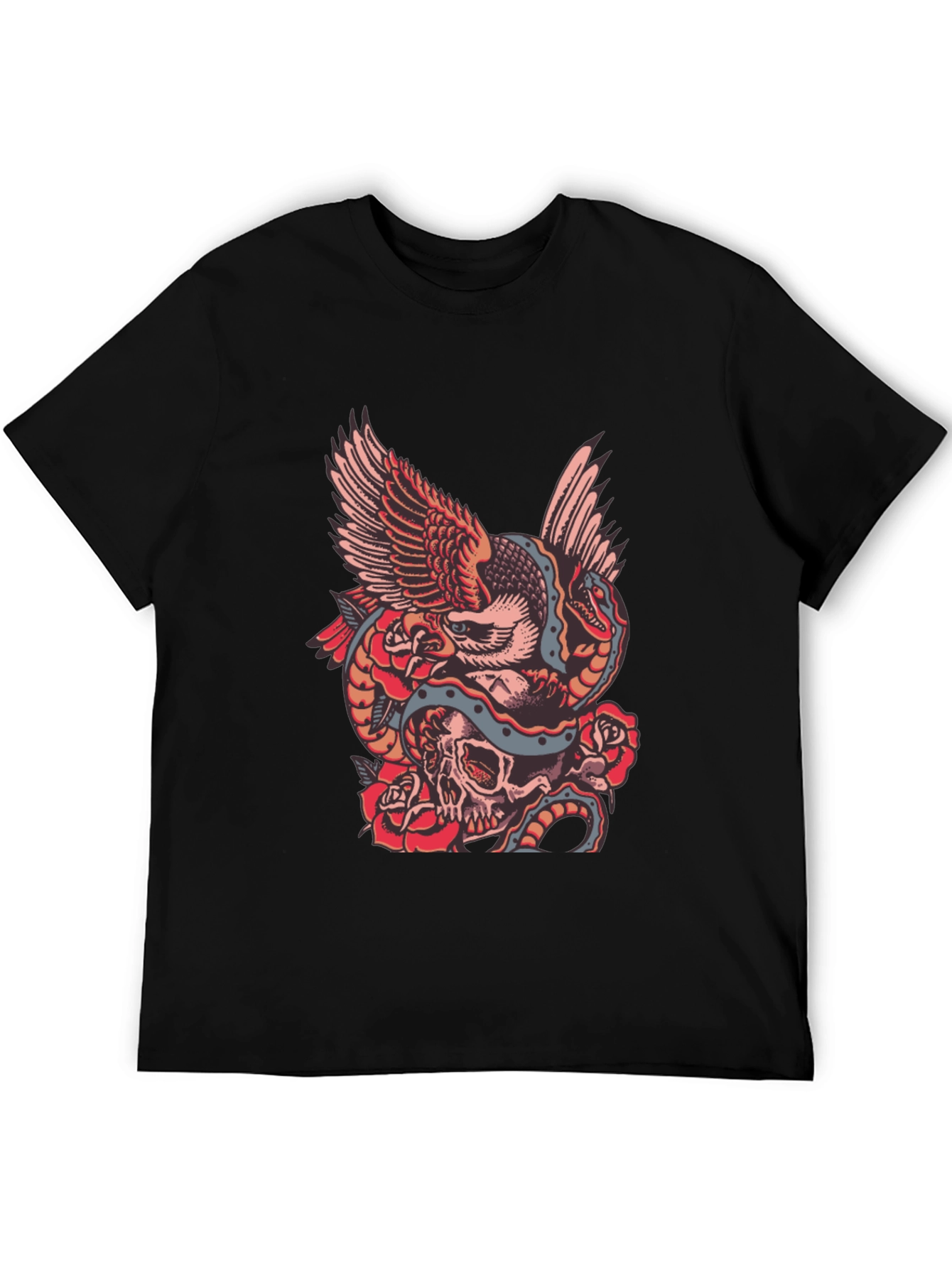 Eagle Snake Skull Graphic Print Black T-Shirt