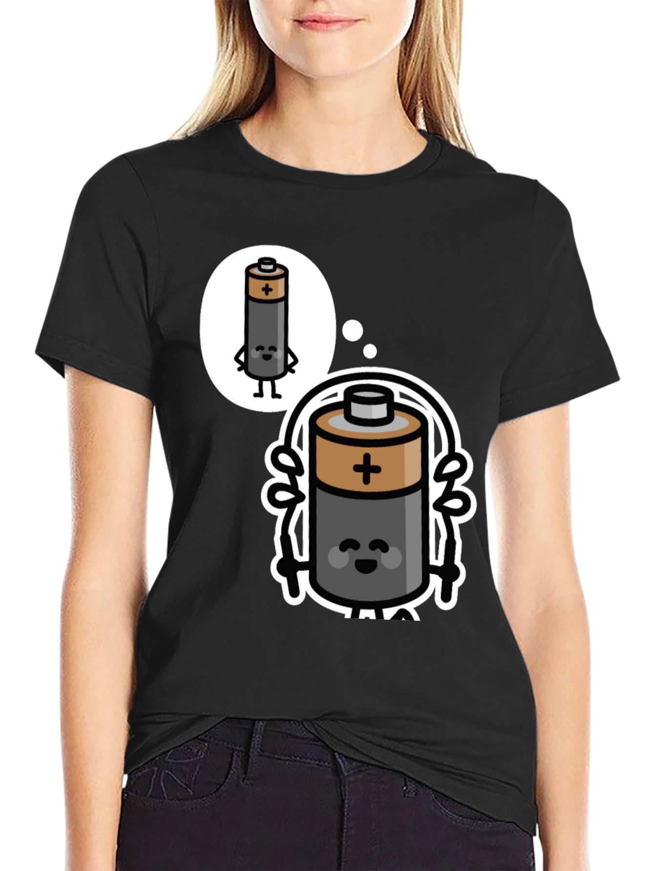 Funny Battery Cartoon Black T-Shirt