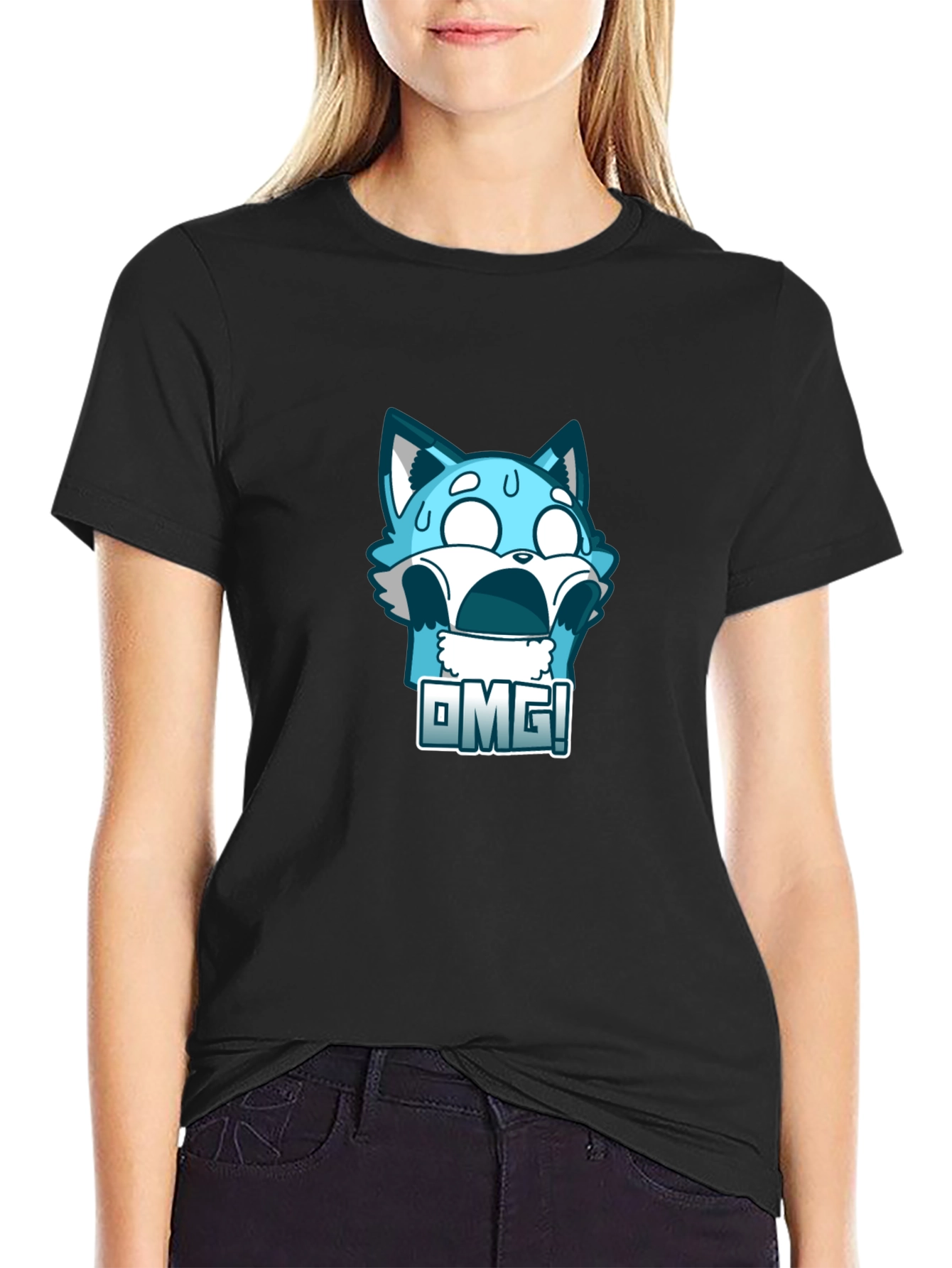 OMG! Blue Cartoon Character Graphic T-Shirt