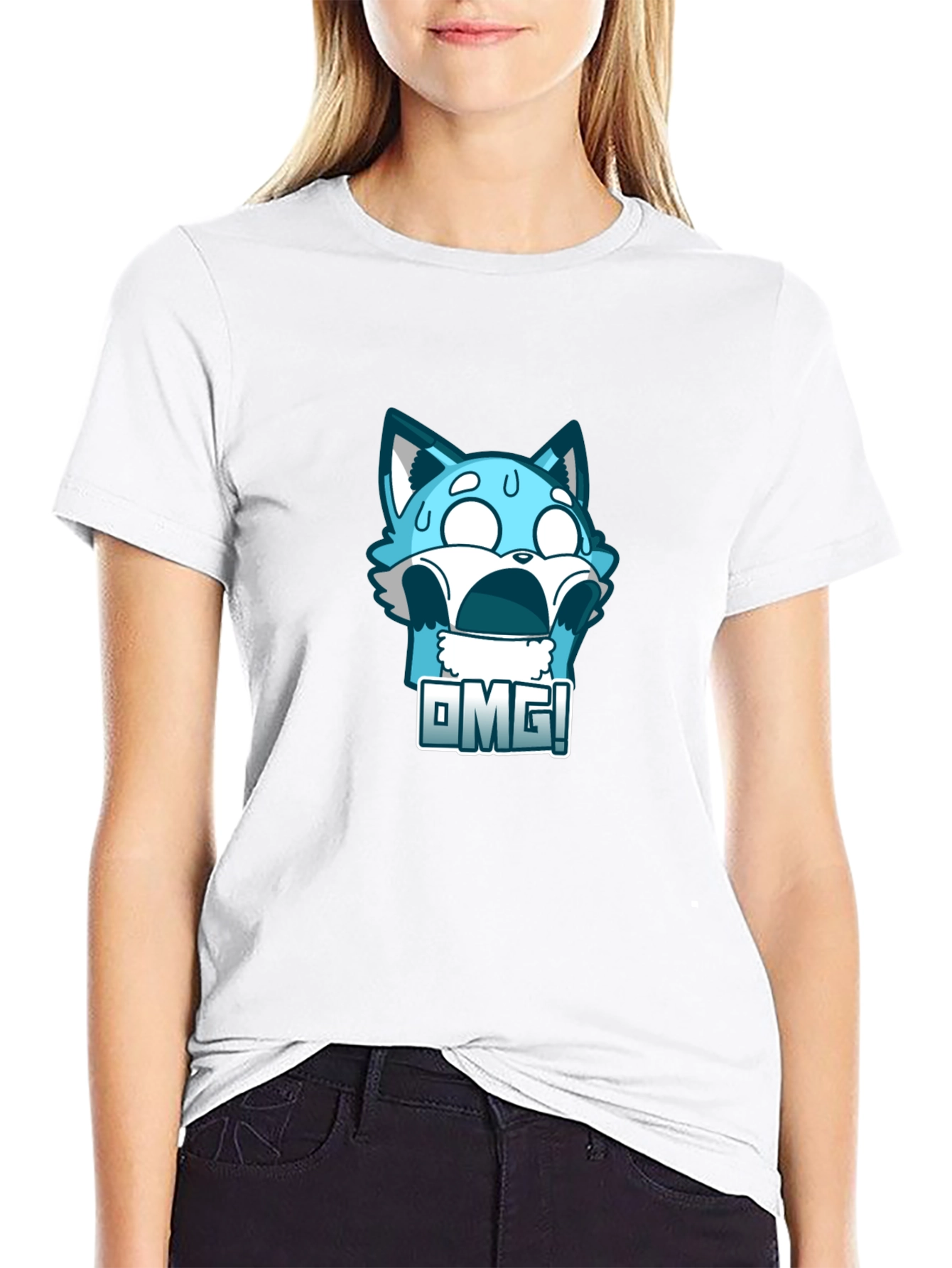 OMG! Blue Cartoon Character Graphic T-Shirt