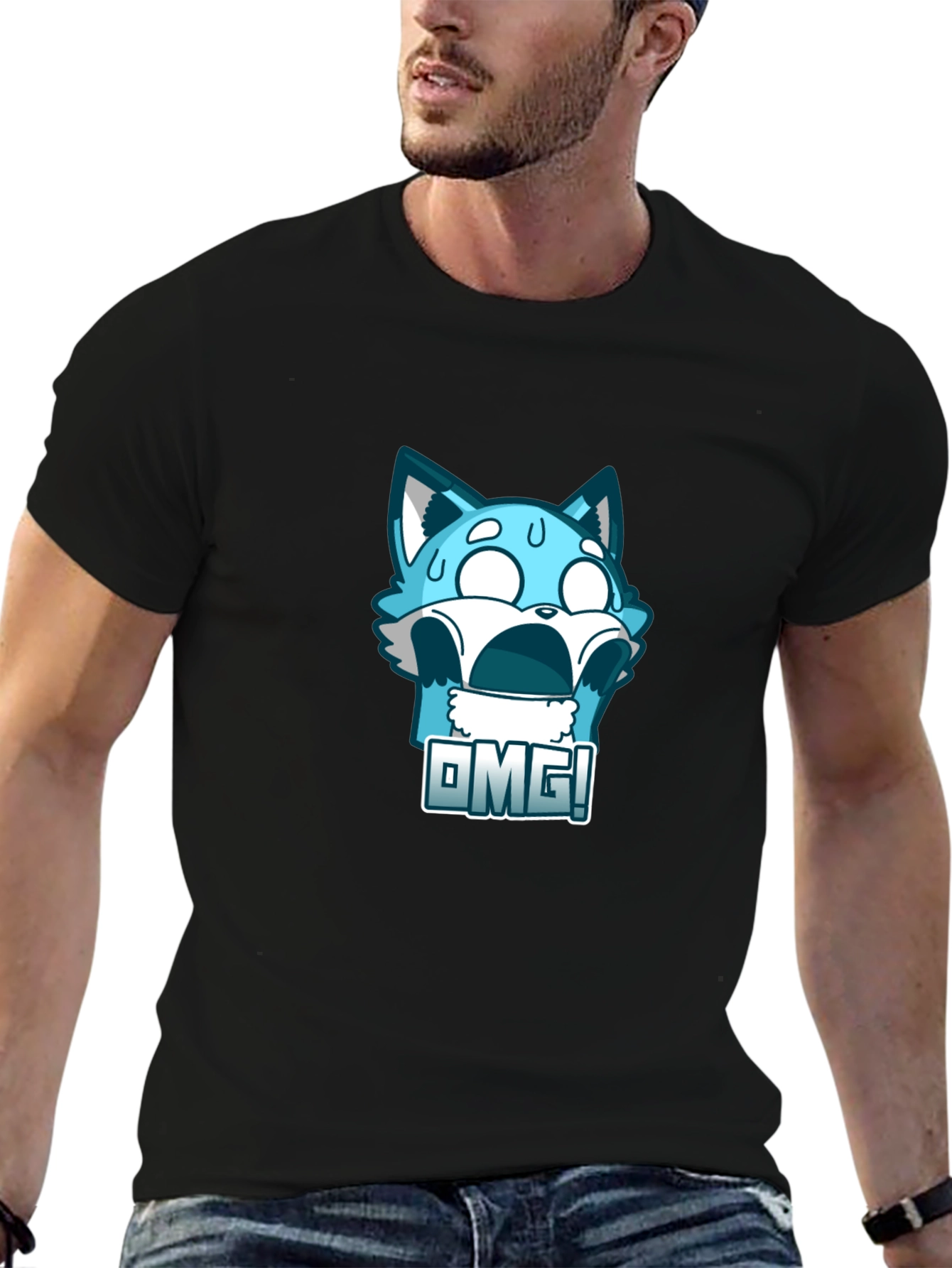 OMG! Blue Cartoon Character Graphic T-Shirt