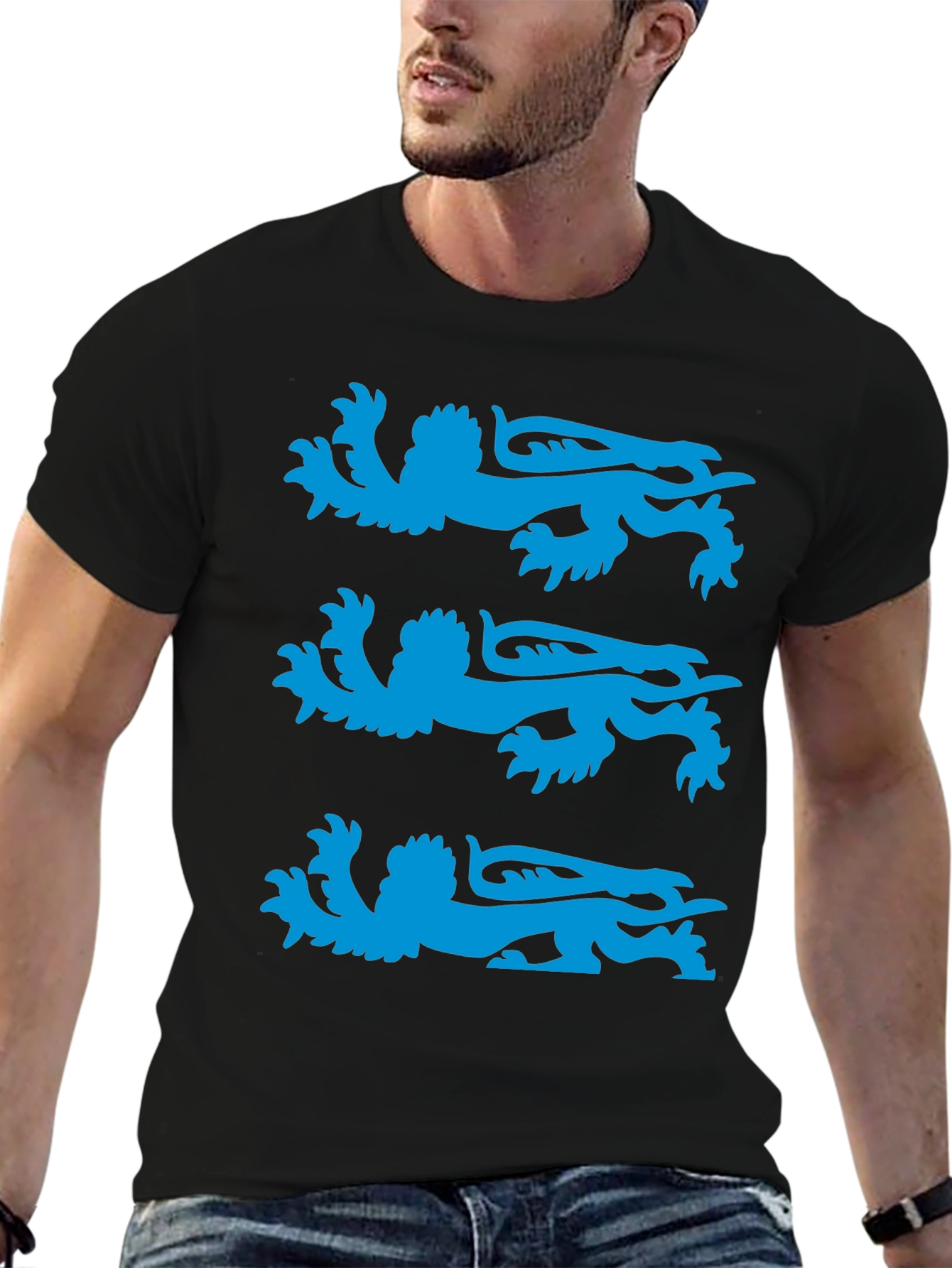Black T-Shirt with Blue Heraldic Lion Design