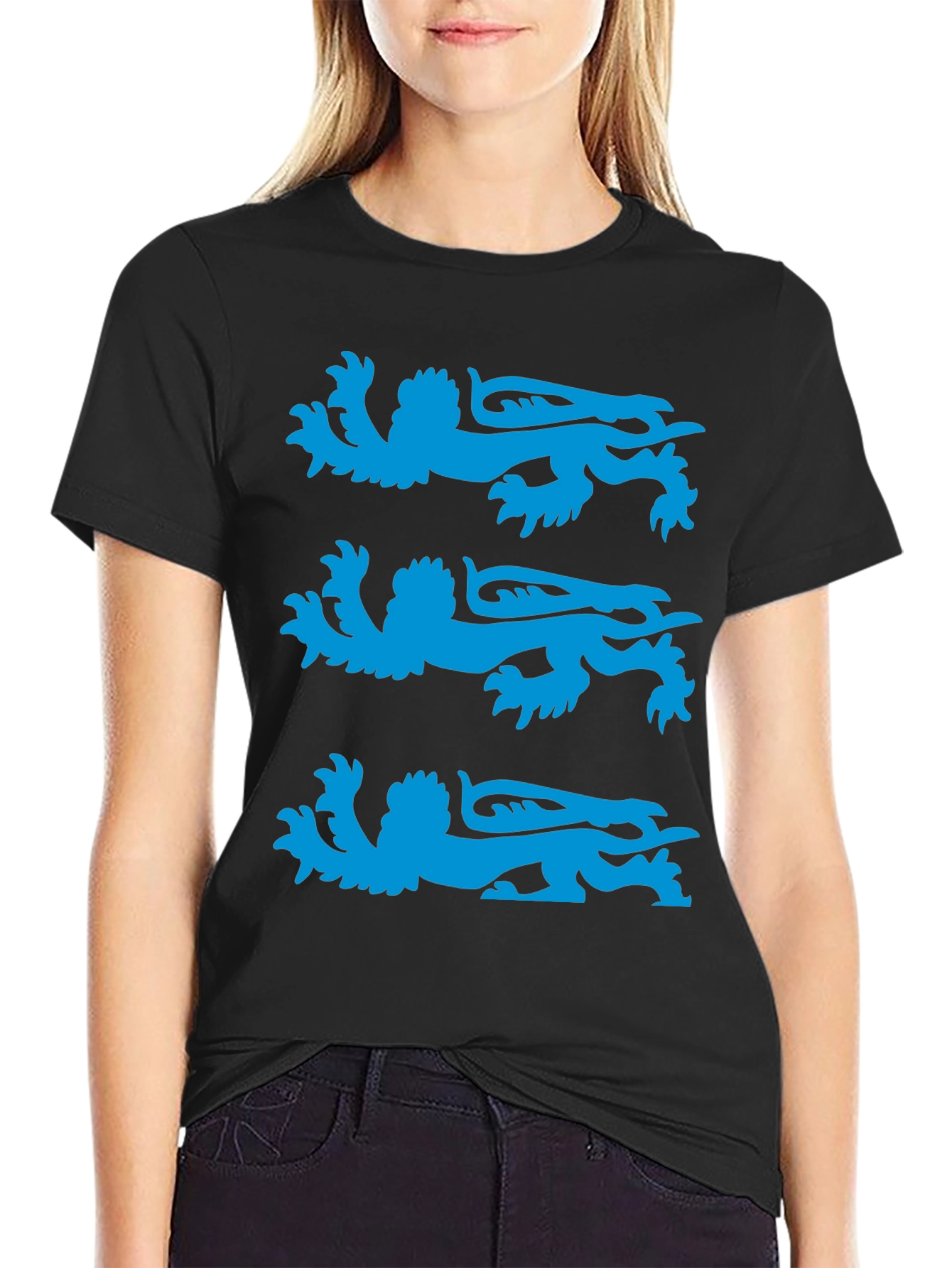 Black T-Shirt with Blue Heraldic Lion Design
