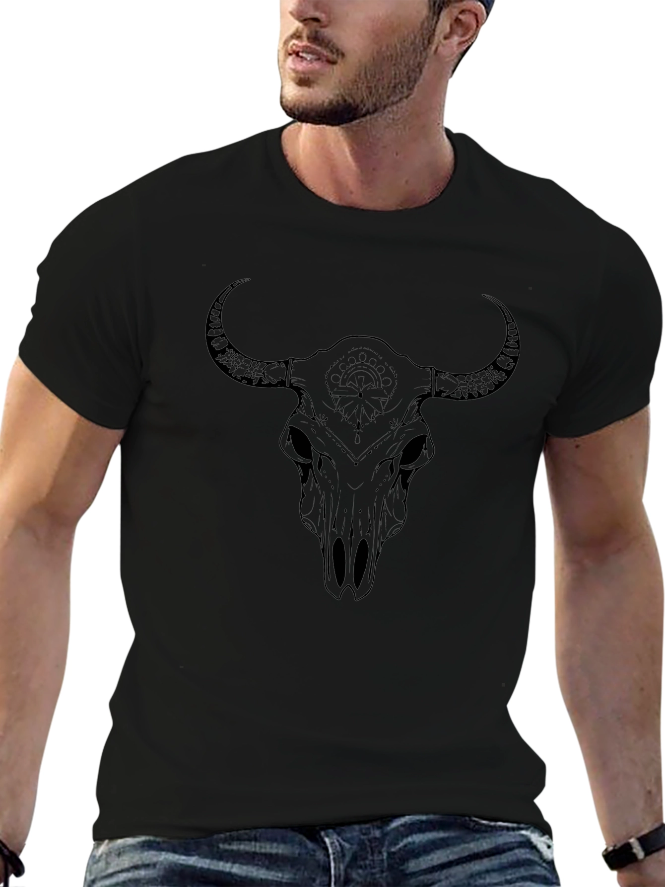 Bull Skull Graphic Tee - Black Cotton