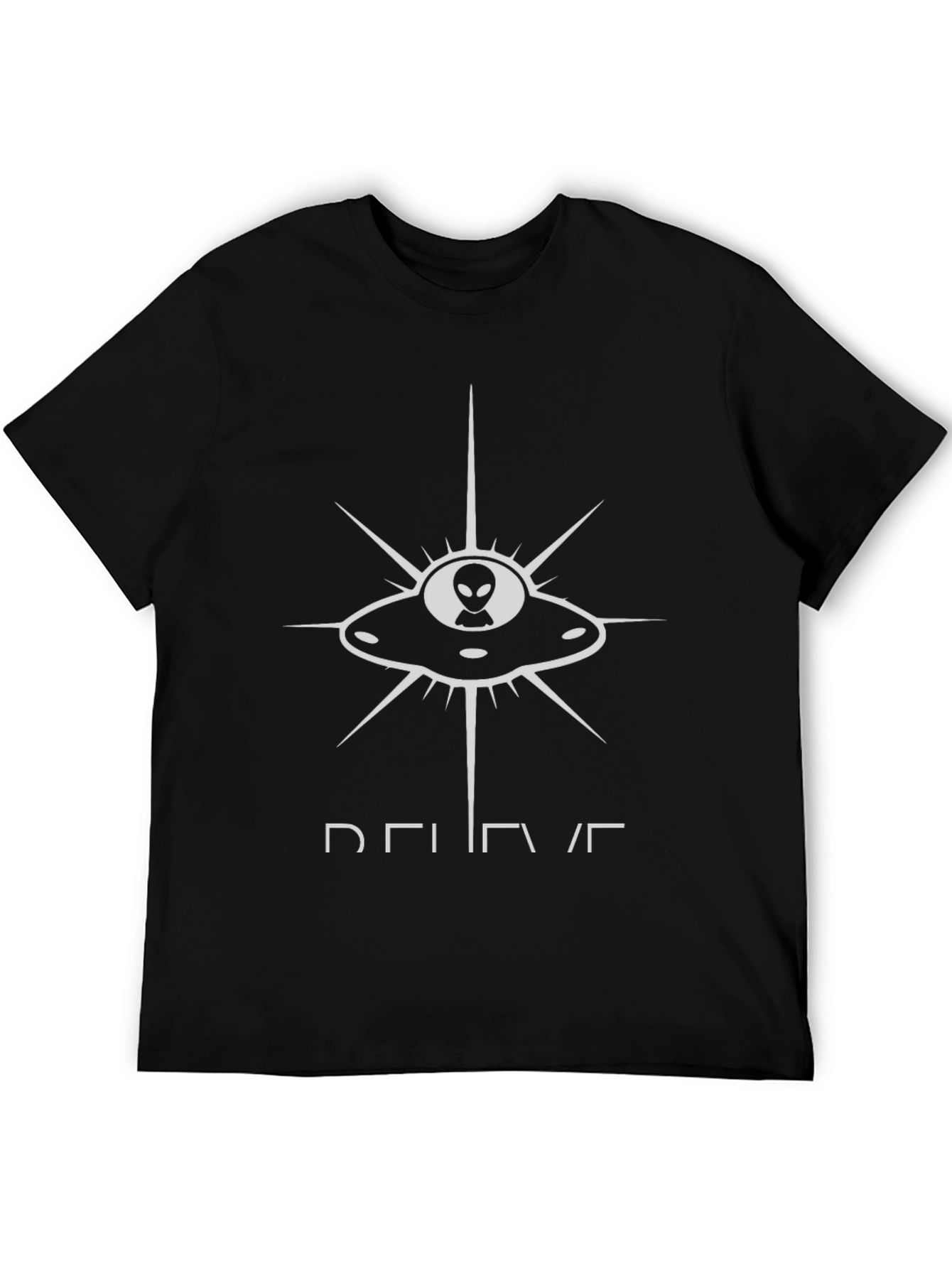 Believe Alien UFO Graphic Tee - Black Cotton T-Shirt