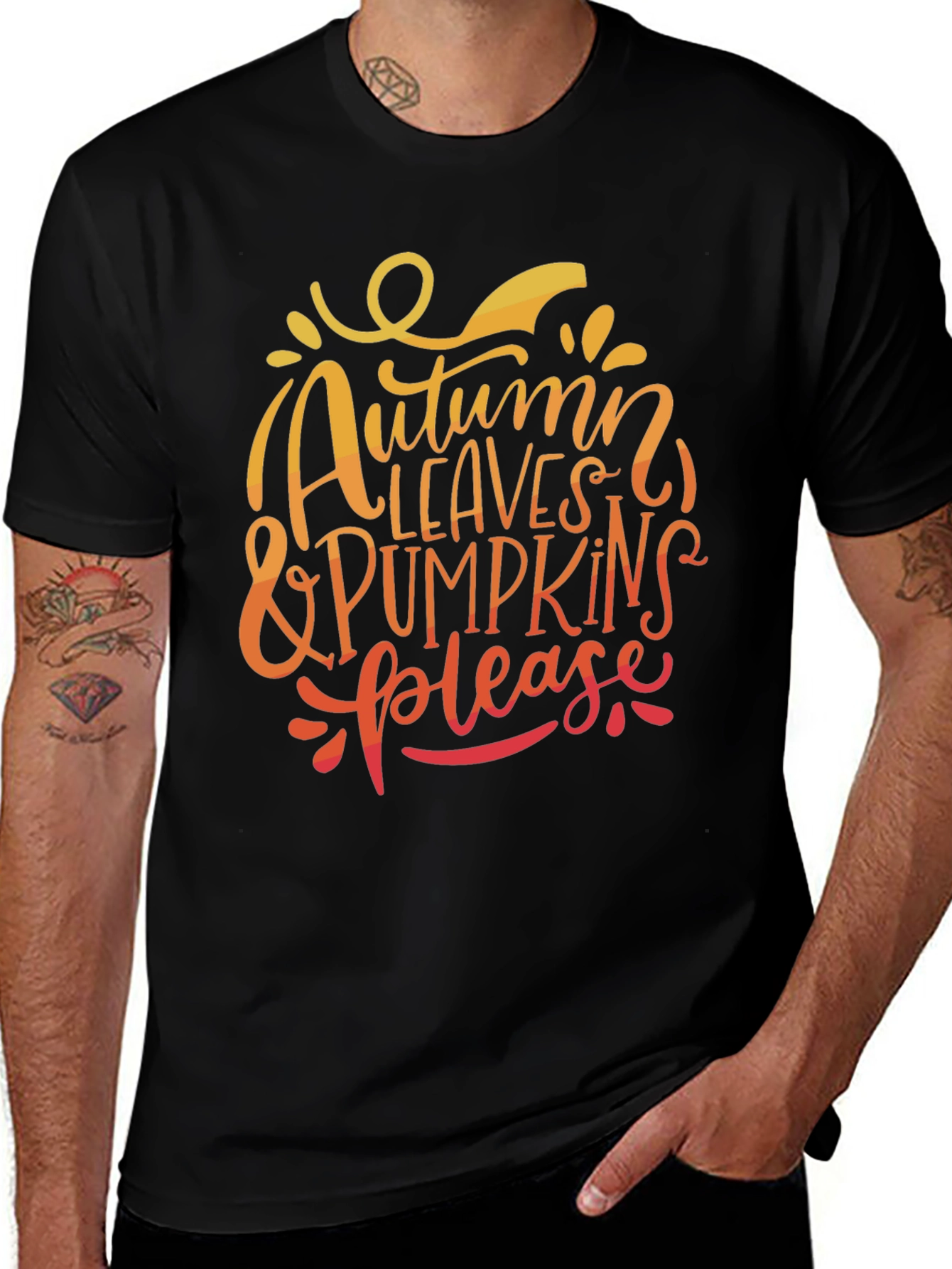Autumn Leaves & Pumpkins Please Black T-Shirt
