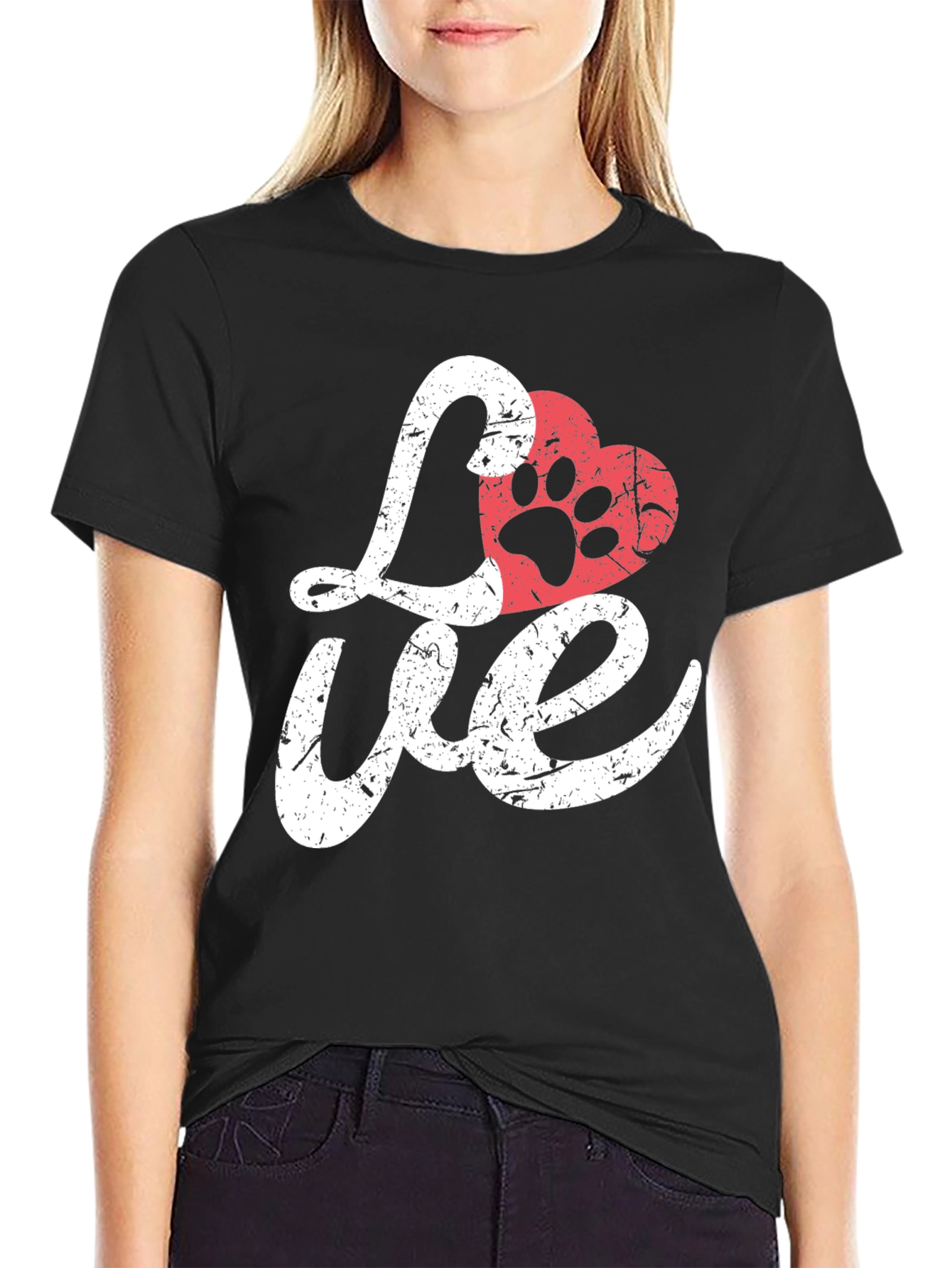 Love Paw Print Heart T-Shirt - Black