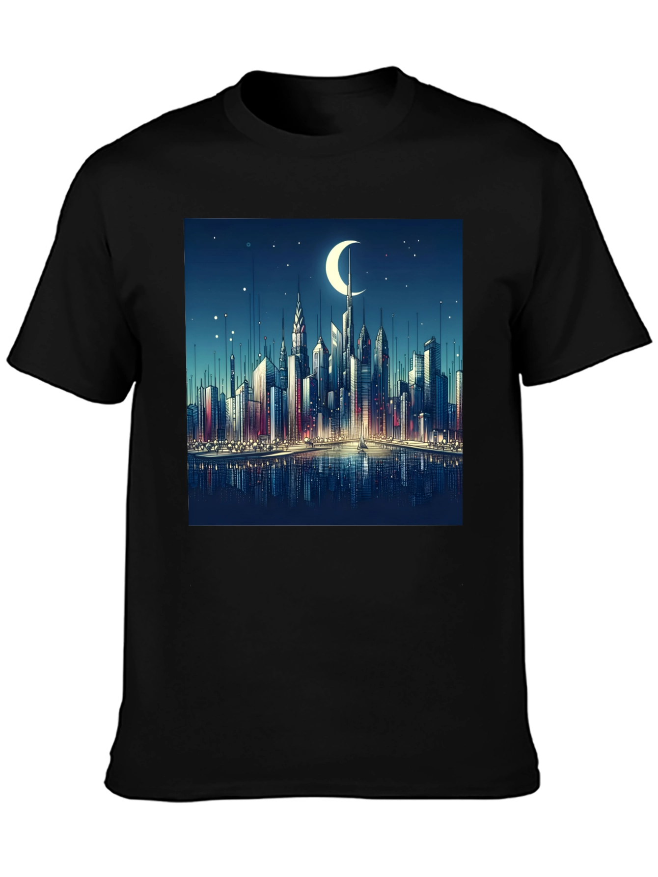 Cityscape Moon Graphic Tee - Black Cotton Casual Shirt