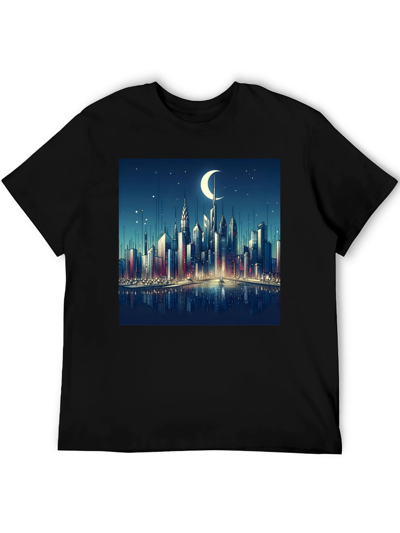 Cityscape Moon Graphic Tee - Black Cotton Casual Shirt