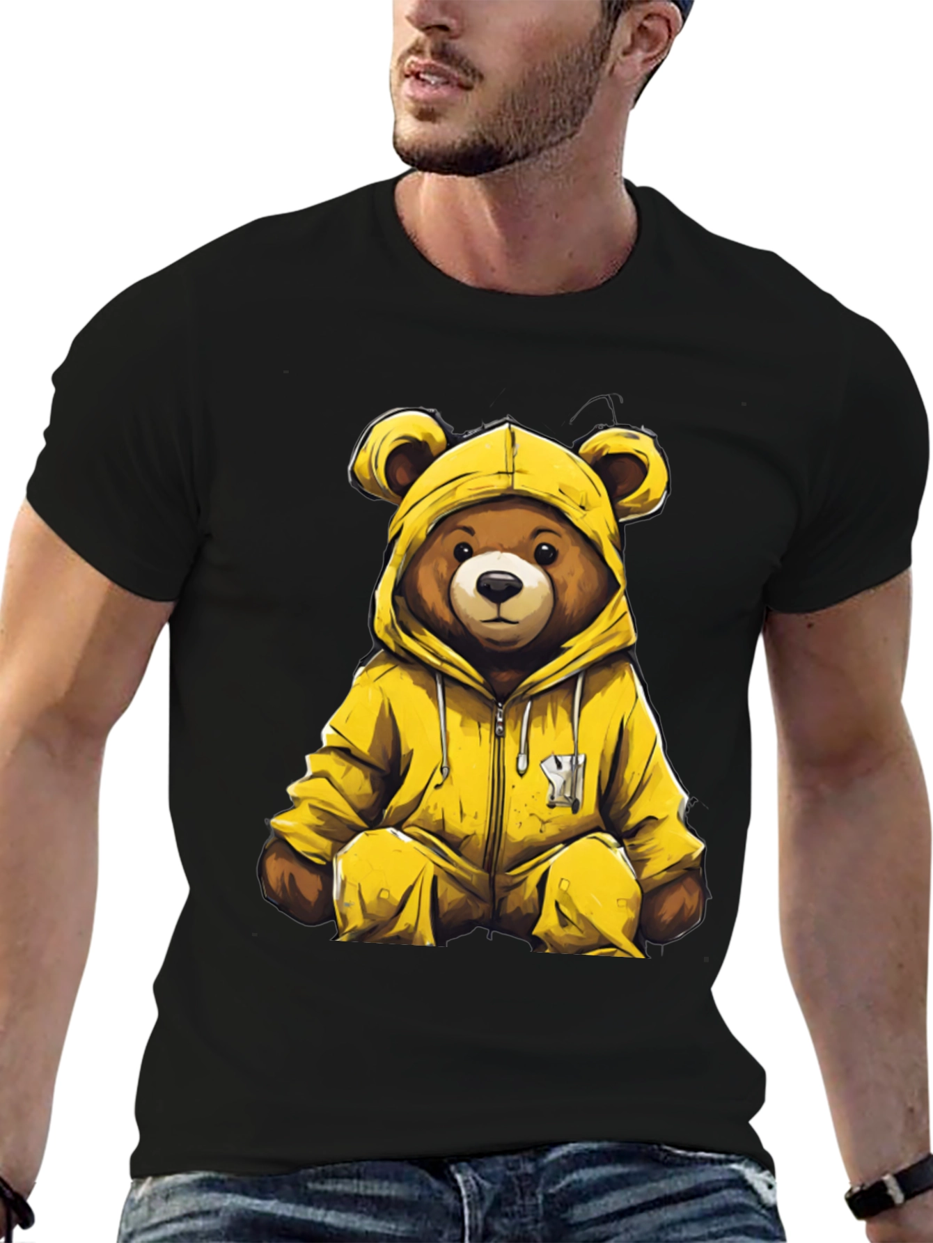 Bear in Yellow Hoodie Graphic T-Shirt
