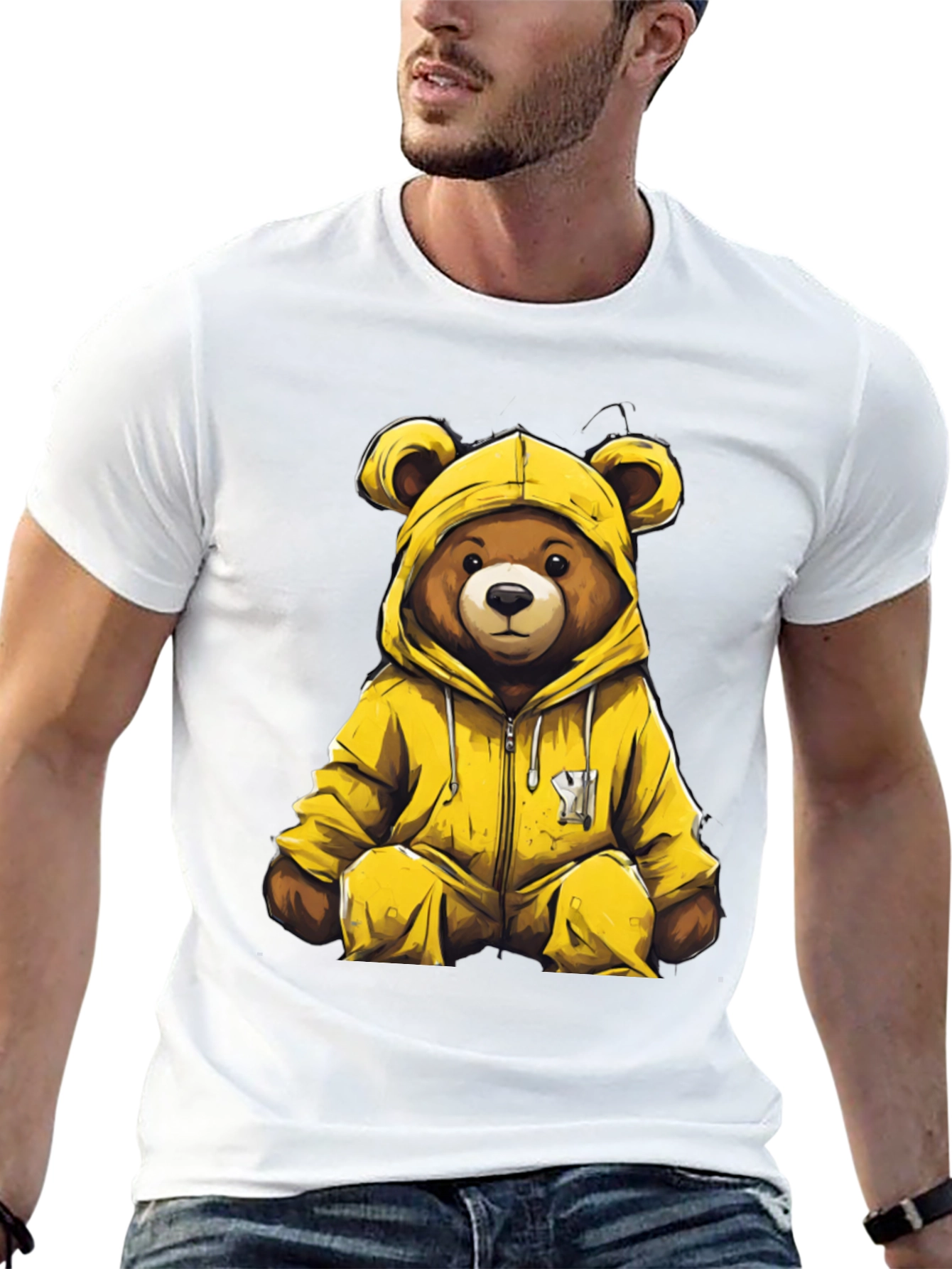 Bear in Yellow Hoodie Graphic T-Shirt