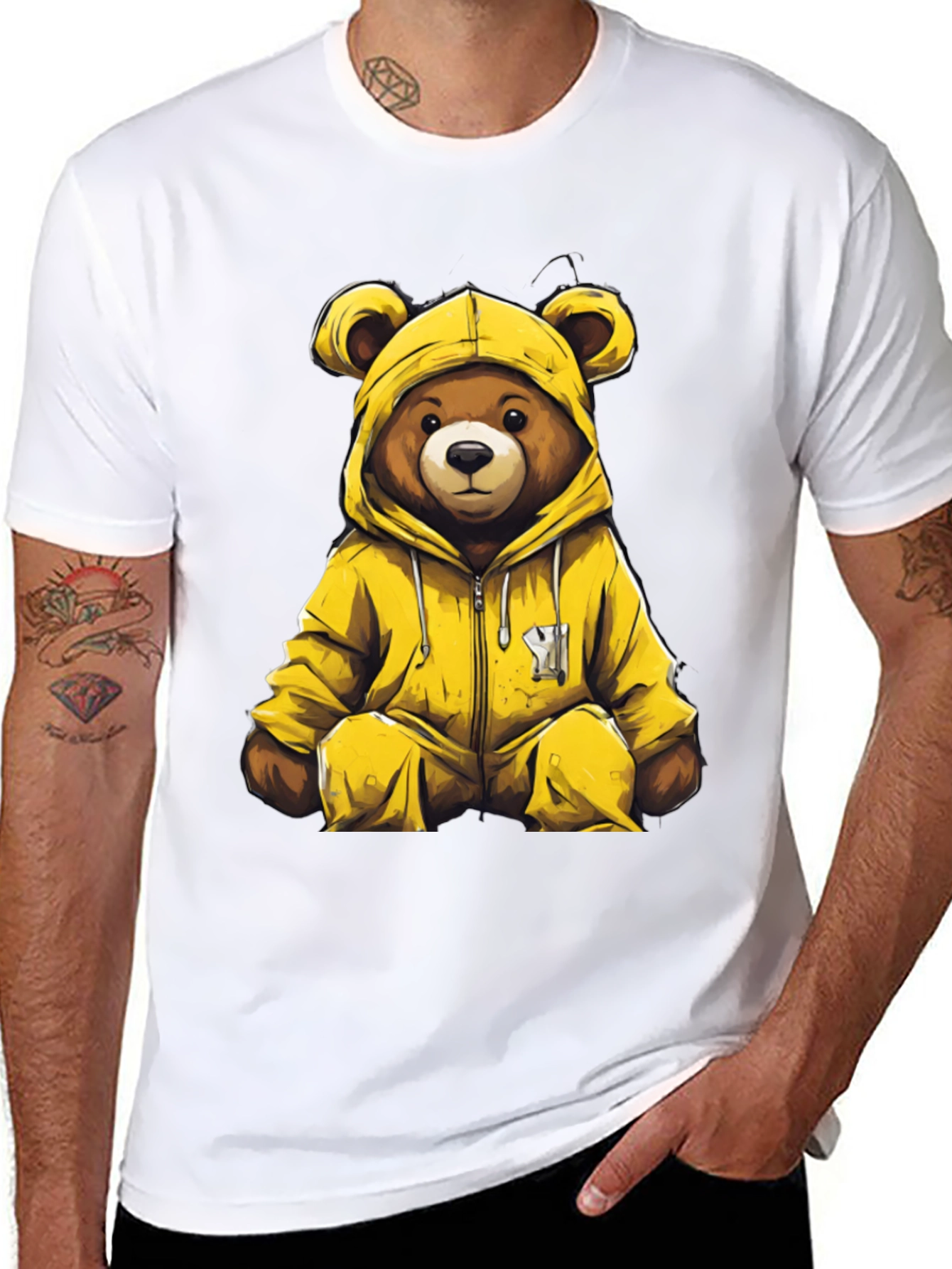 Bear in Yellow Hoodie Graphic T-Shirt