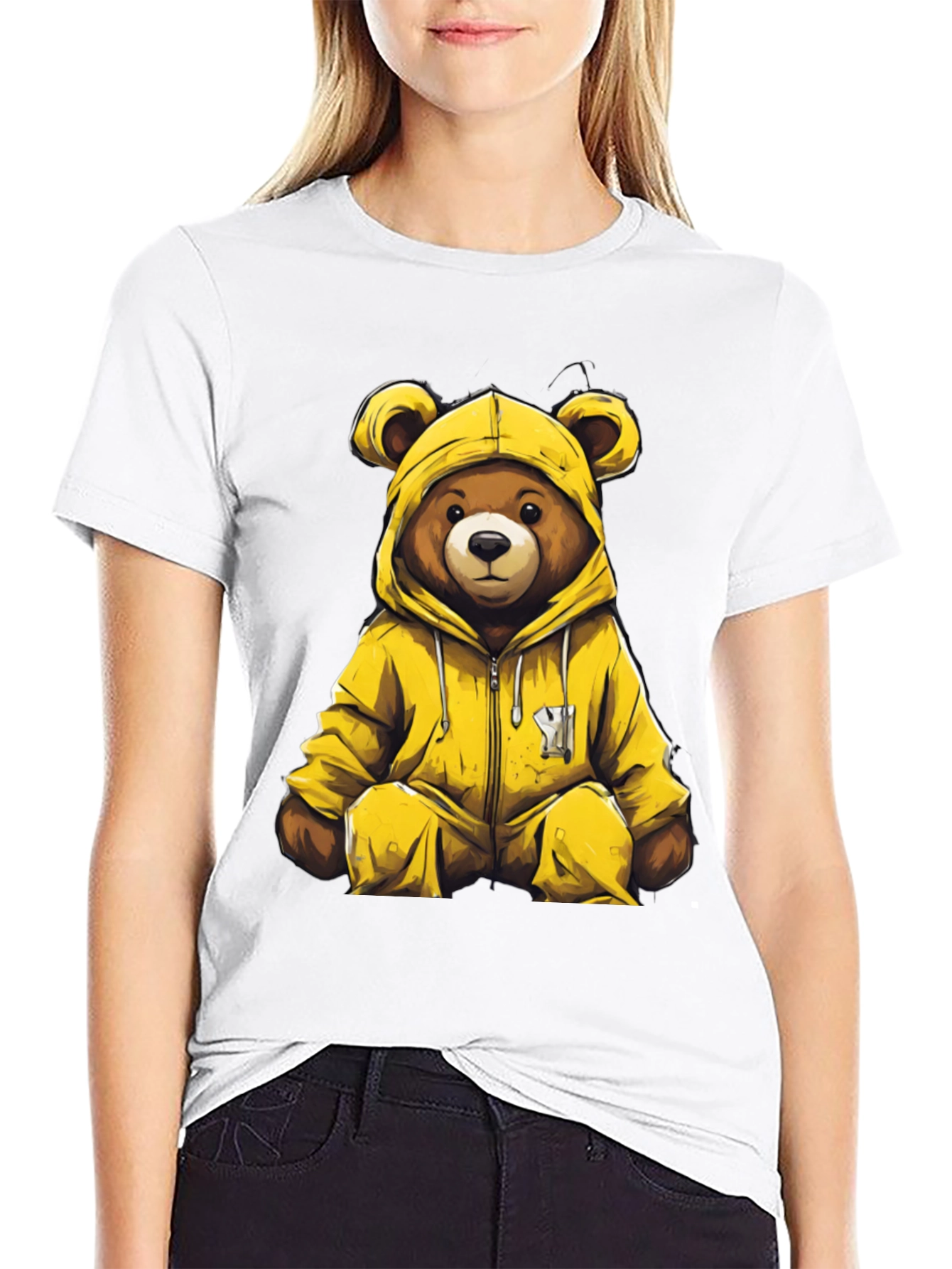 Bear in Yellow Hoodie Graphic T-Shirt