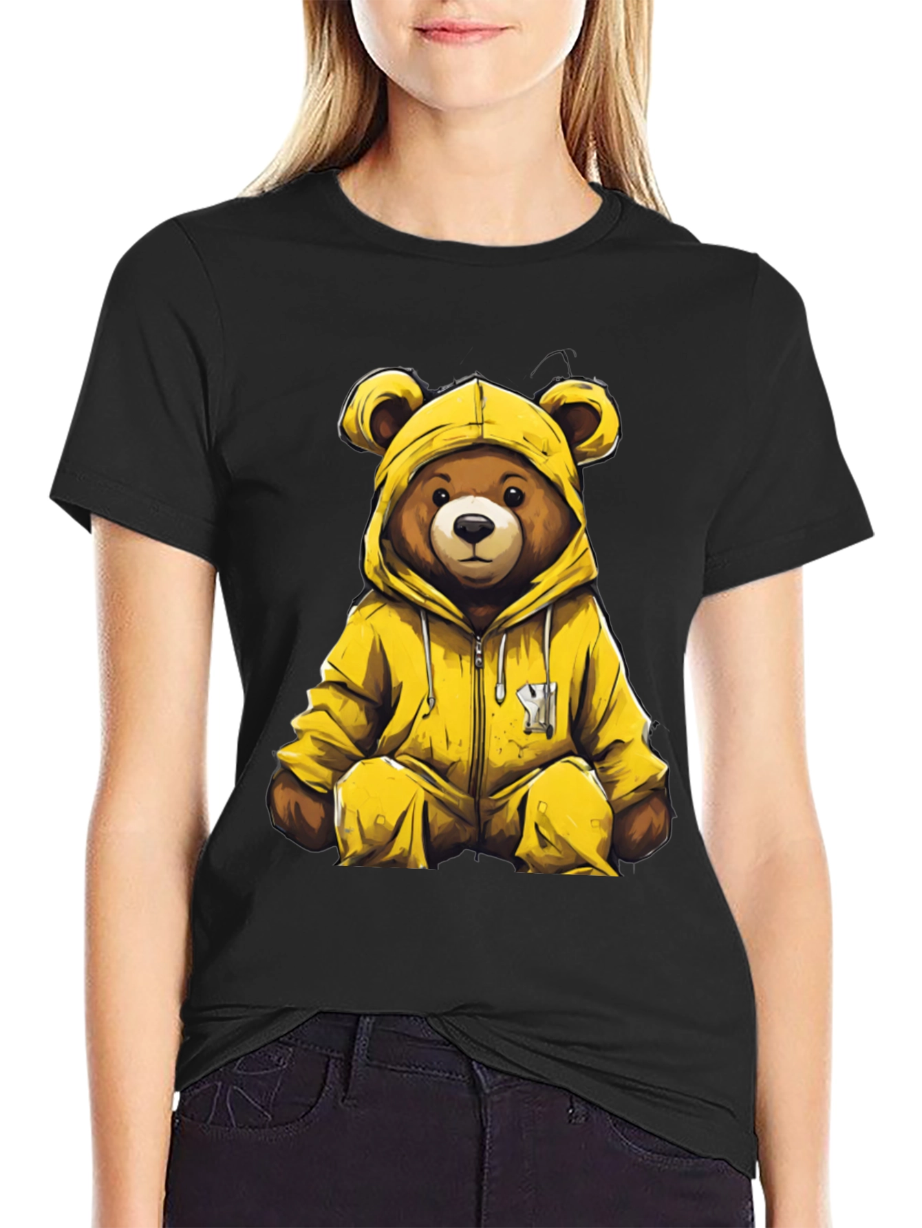 Bear in Yellow Hoodie Graphic T-Shirt