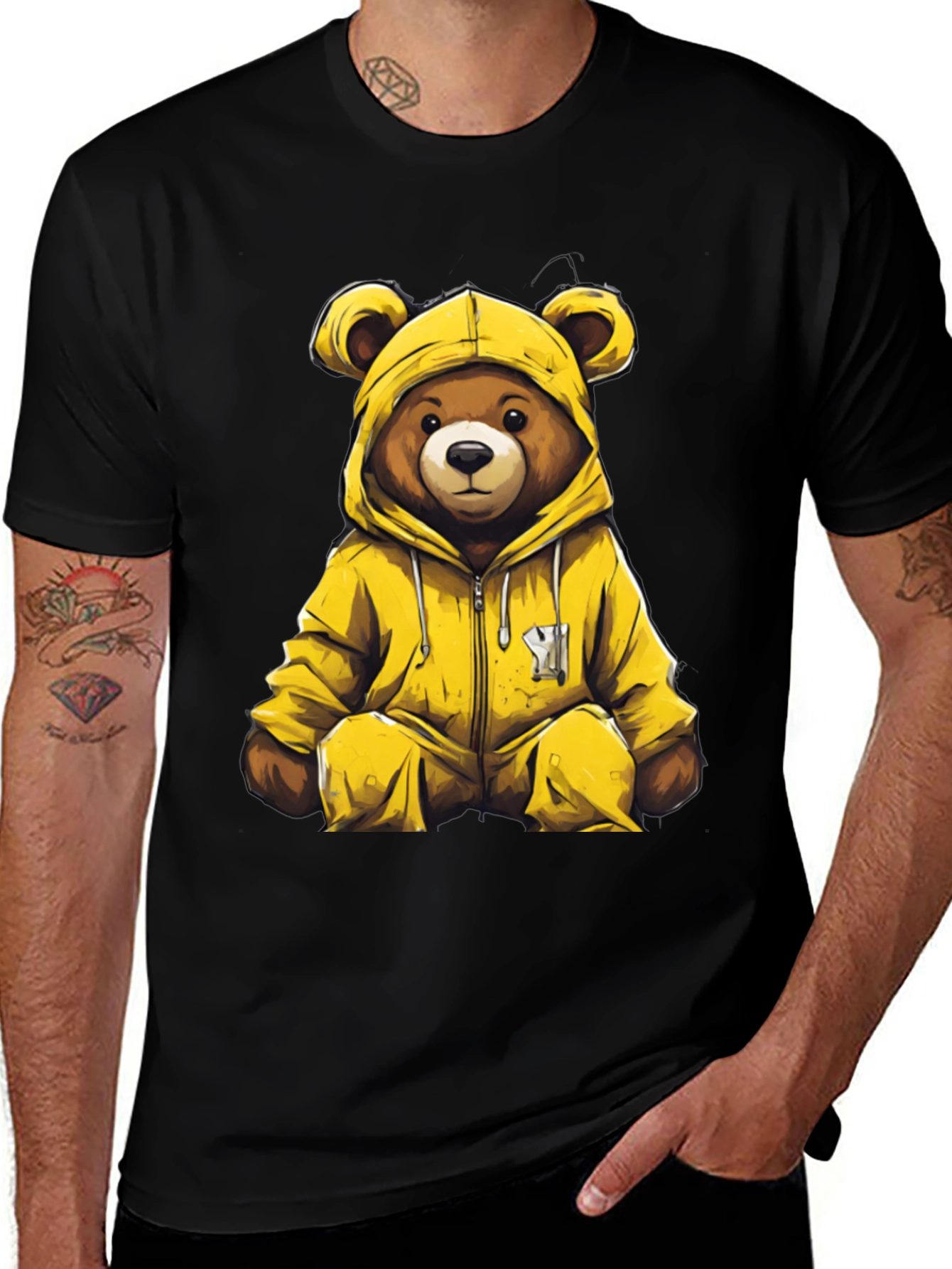 Bear in Yellow Hoodie Graphic T-Shirt