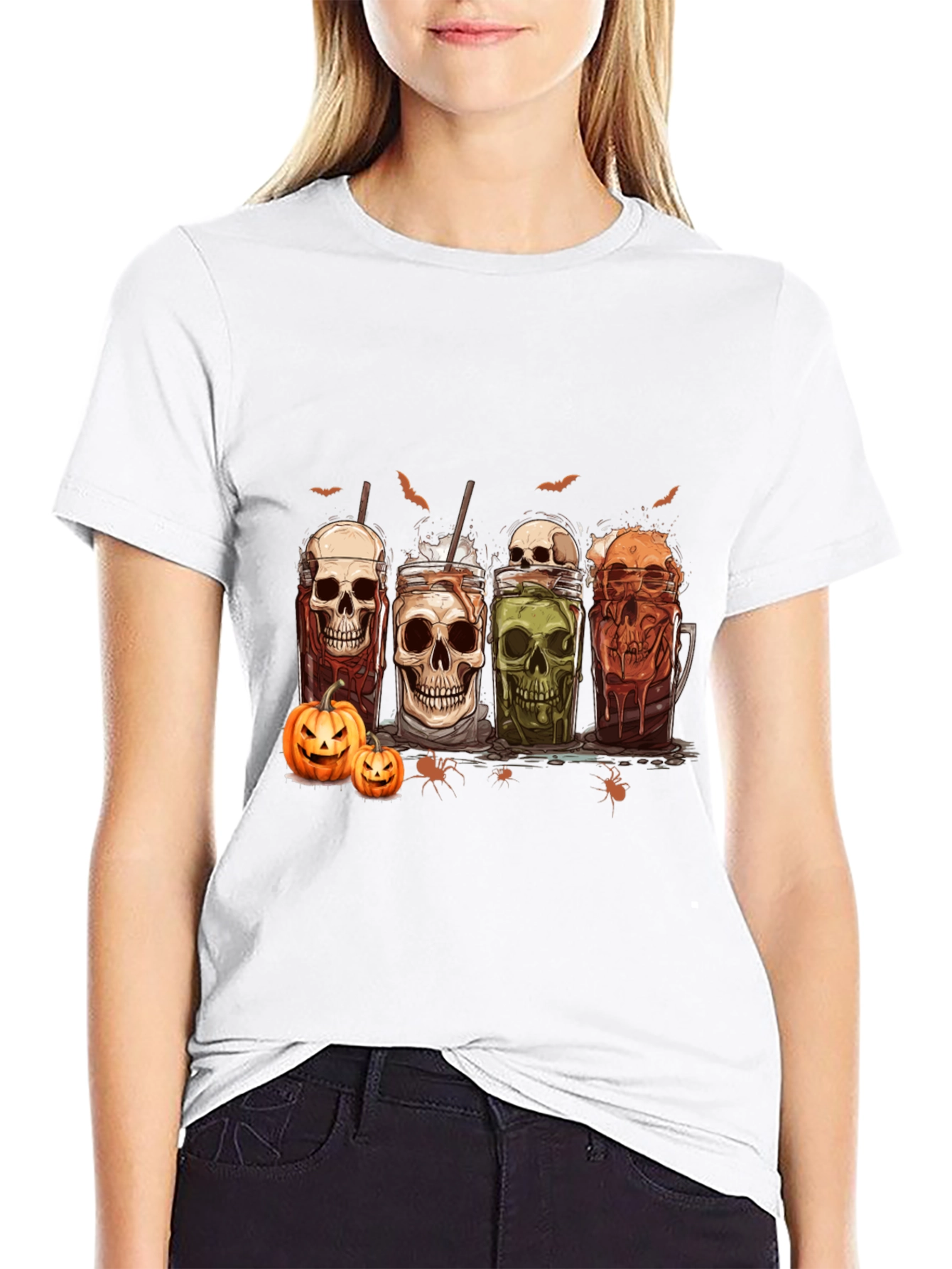 Skull Drinks Halloween Graphic T-Shirt