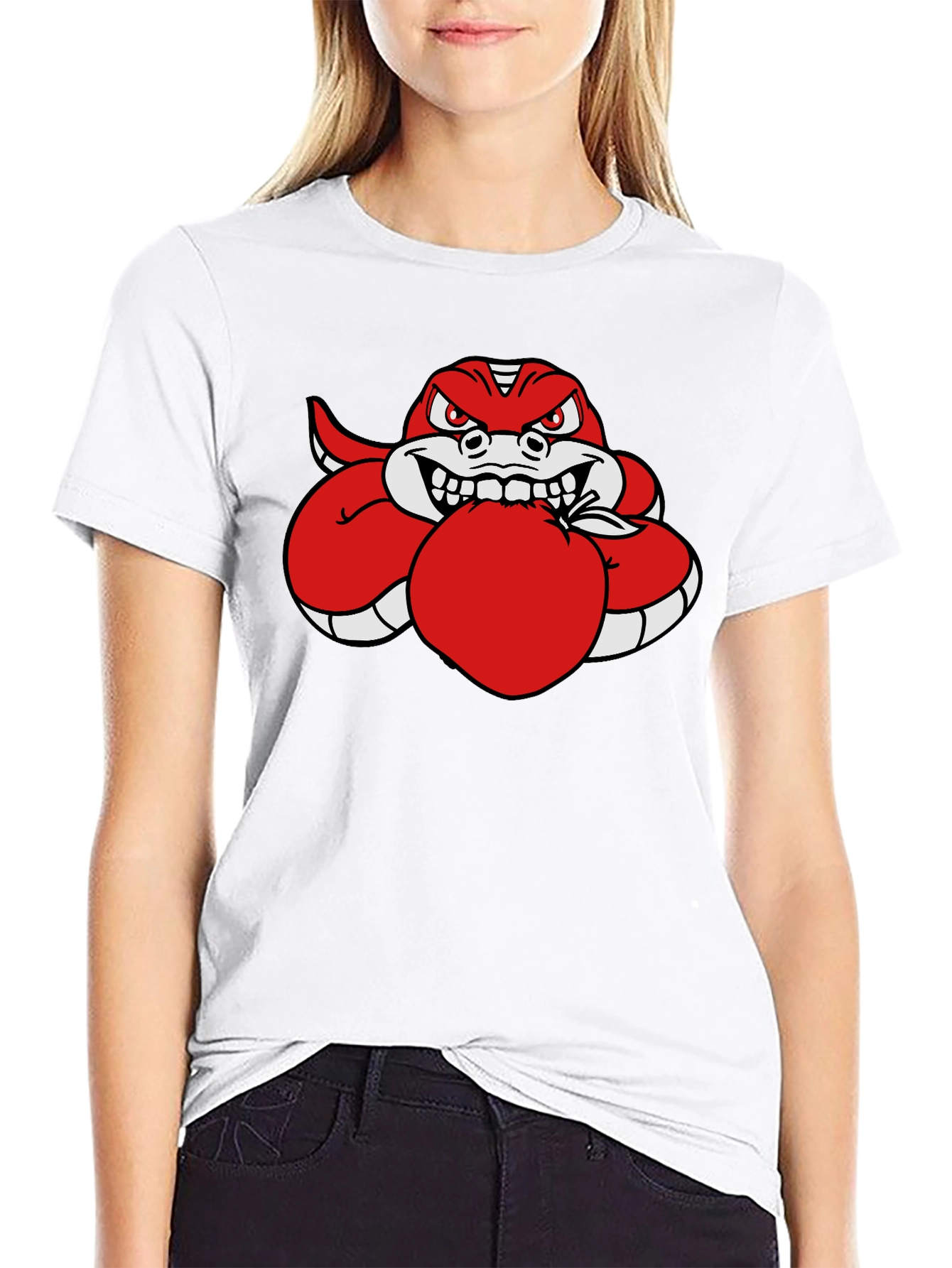 Red Snake Eating Apple Black T-Shirt