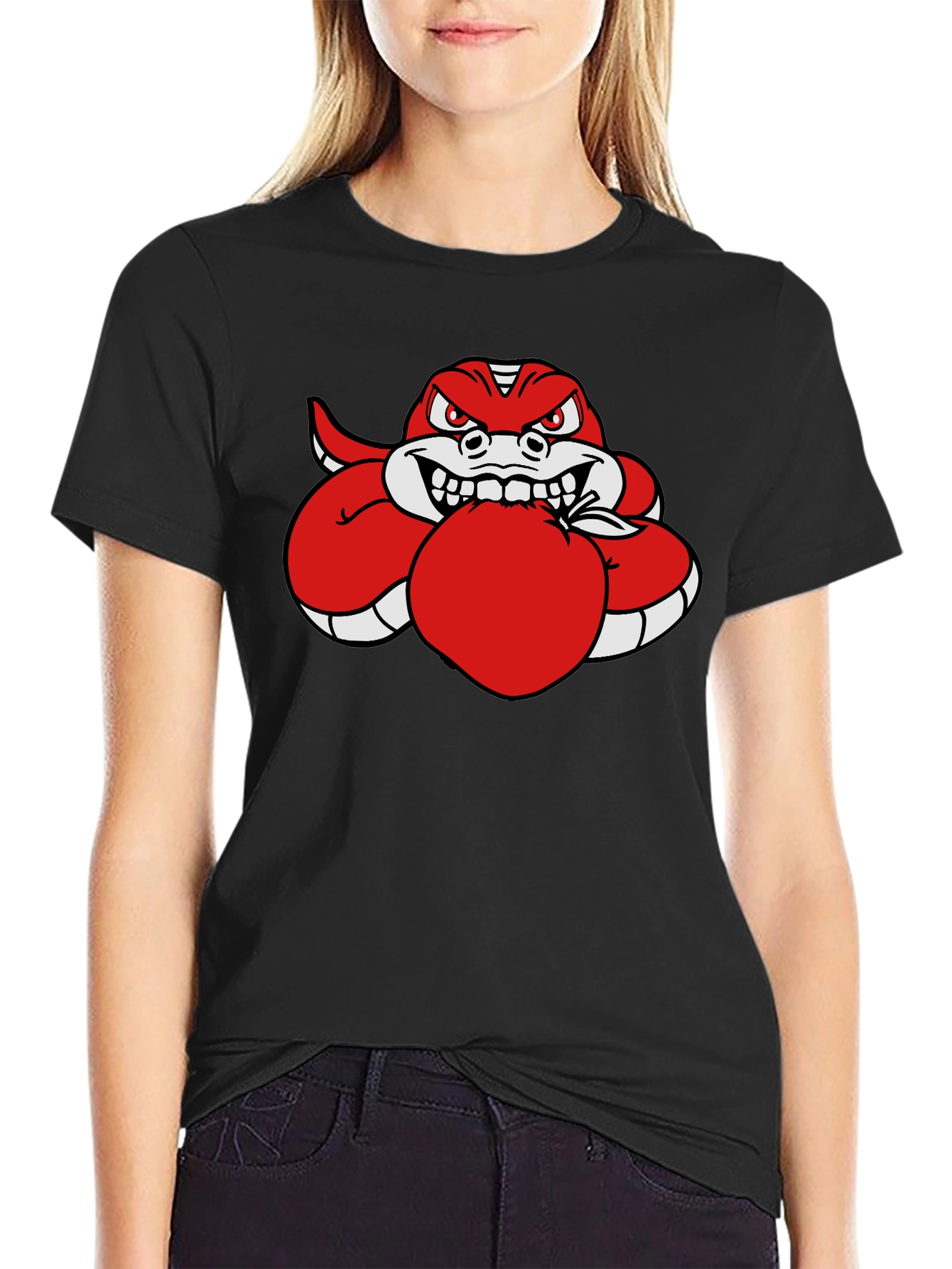 Red Snake Eating Apple Black T-Shirt