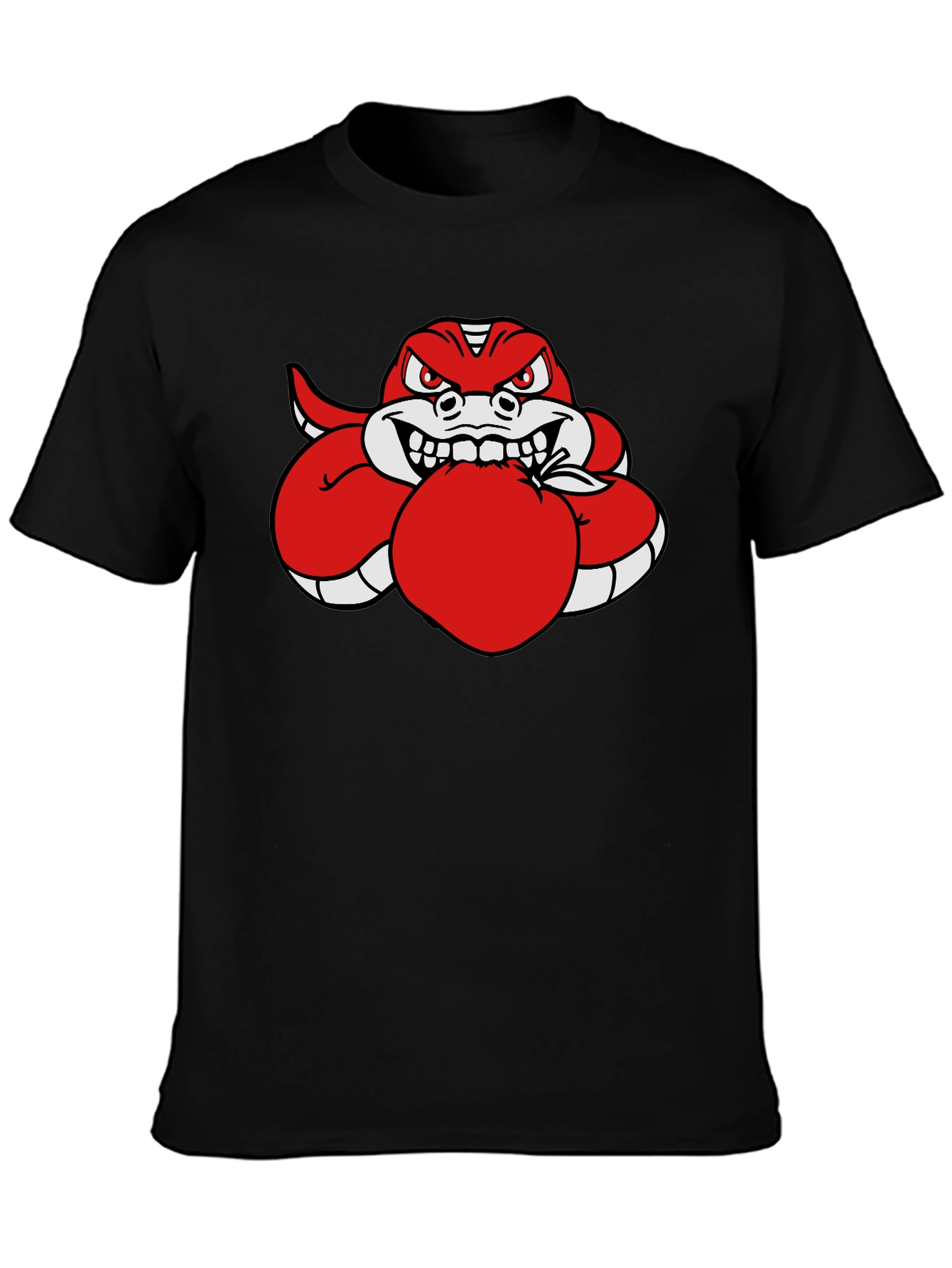 Red Snake Eating Apple Black T-Shirt