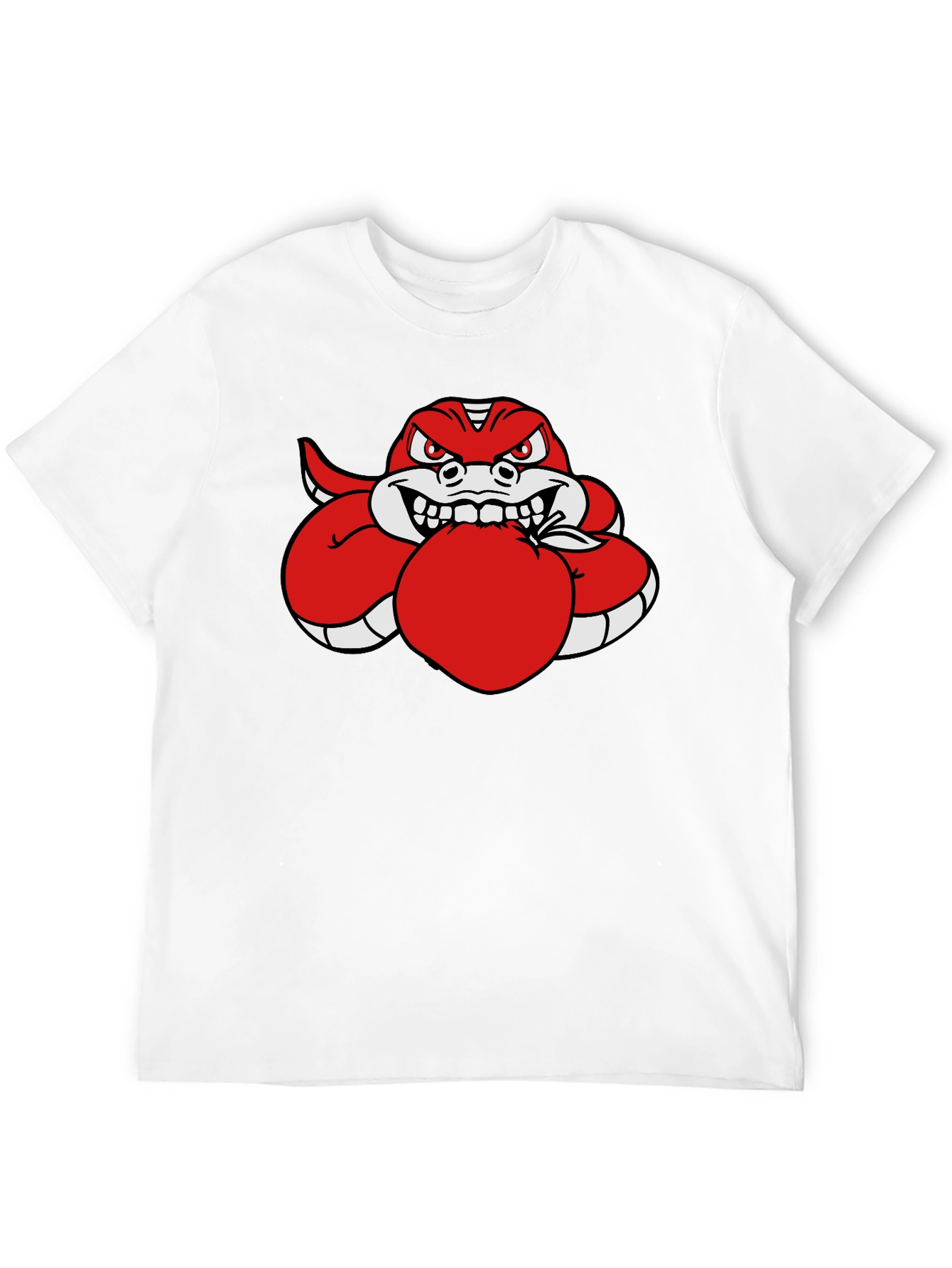 Red Snake Eating Apple Black T-Shirt