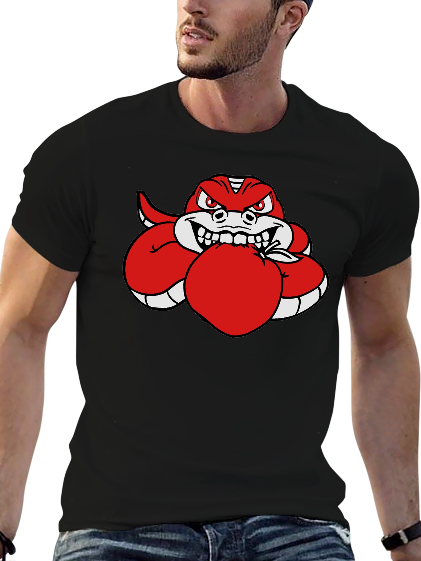 Red Snake Eating Apple Black T-Shirt